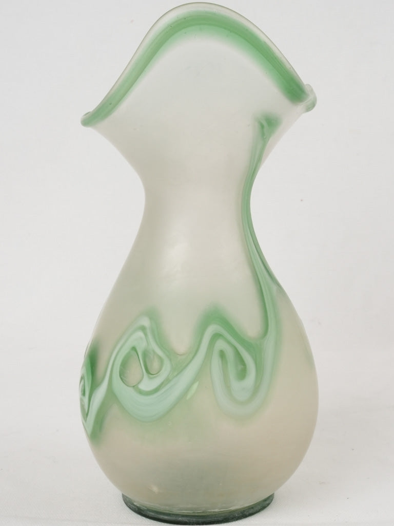 Vintage blown glass vase - opaque w/ green swirls 11½"