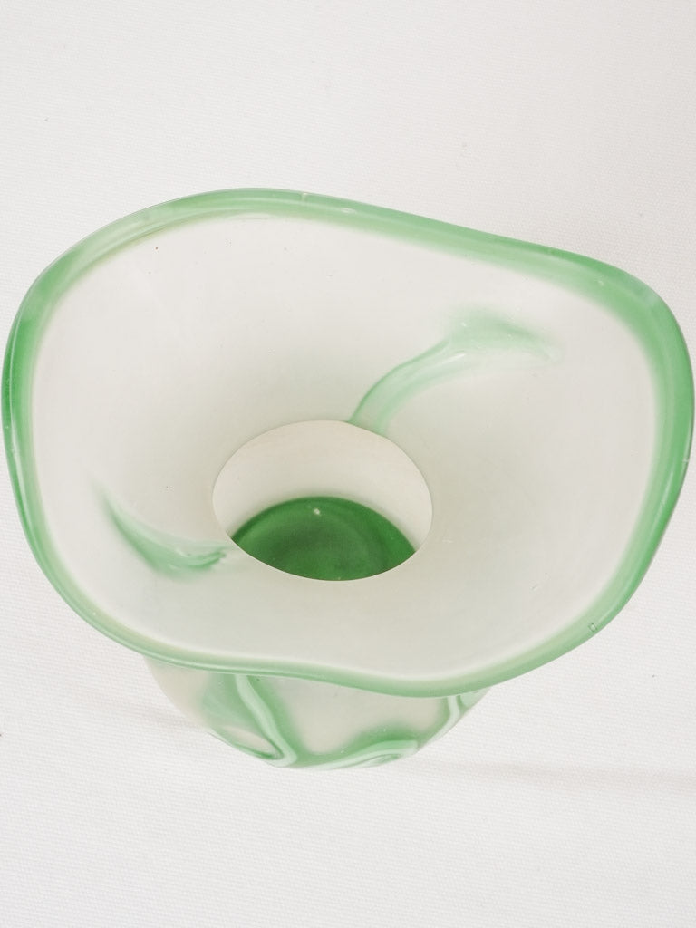 Vintage blown glass vase - opaque w/ green swirls 11½"