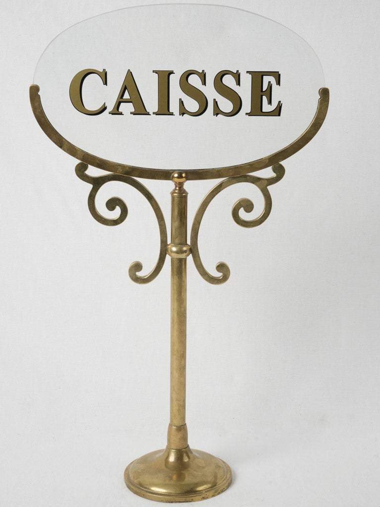 Parisian 1910s luxury brass & oval glass shop counter sign "Caisse" 23¾"