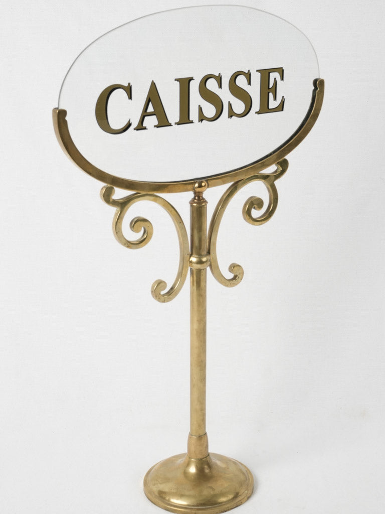Parisian 1910s luxury brass & oval glass shop counter sign "Caisse" 23¾"