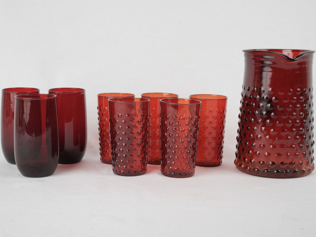 Classic watermelon-red glass pitcher ensemble