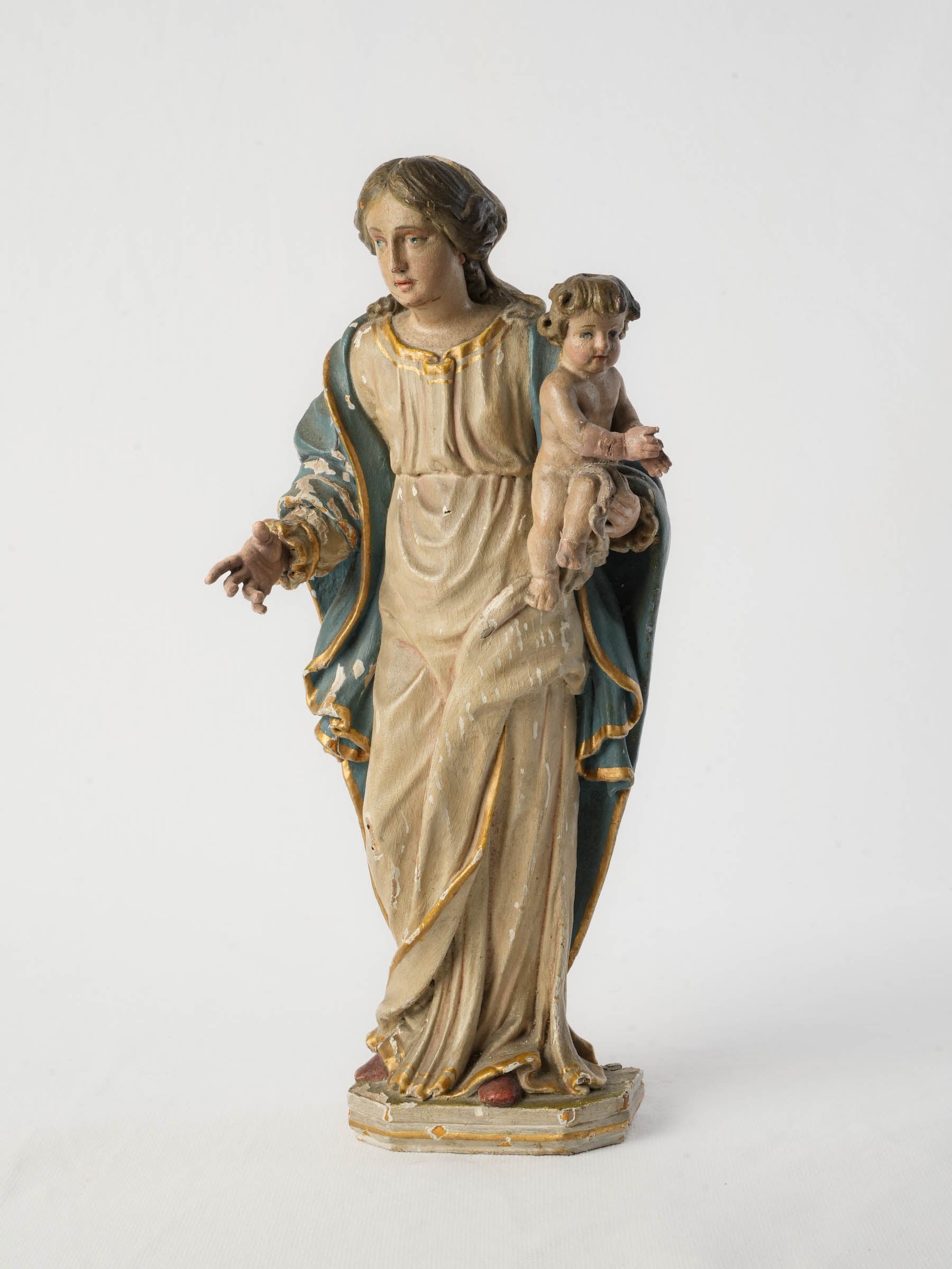 French Polychrome Carved Wood Figure of the Virgin and Child, 18th Century - 15"