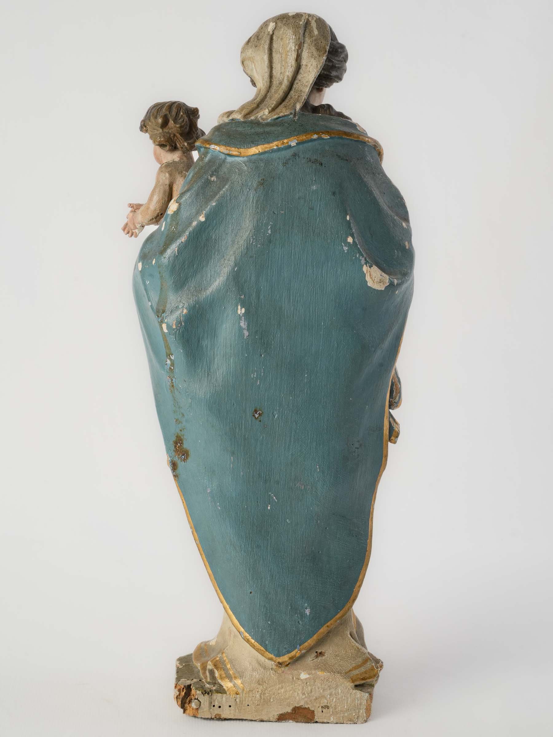 French Polychrome Carved Wood Figure of the Virgin and Child, 18th Century - 15"