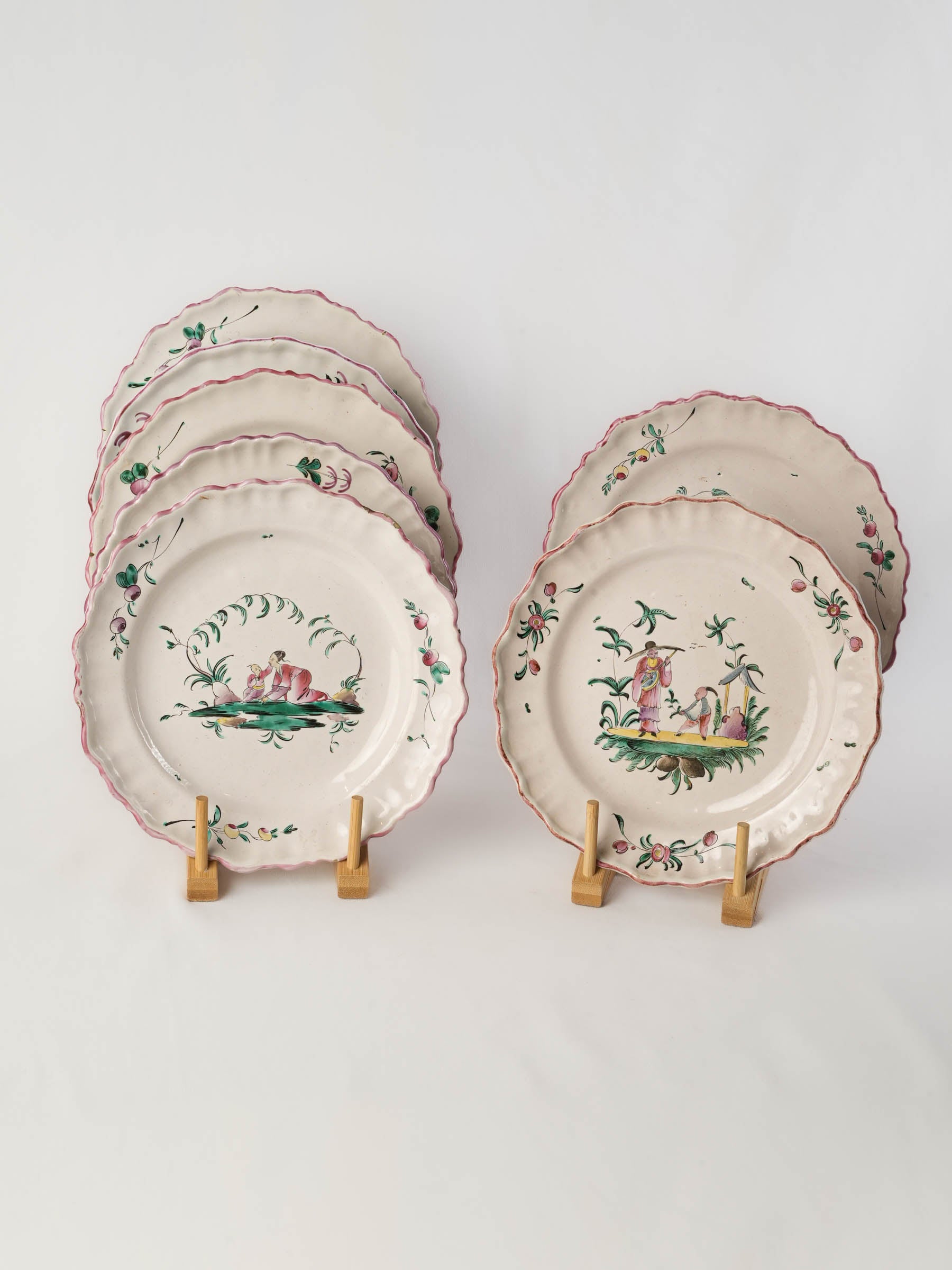 Set of Seven 18th Century Moustiers Faience Plates w/ Chinoiserie Decor - 9¾"