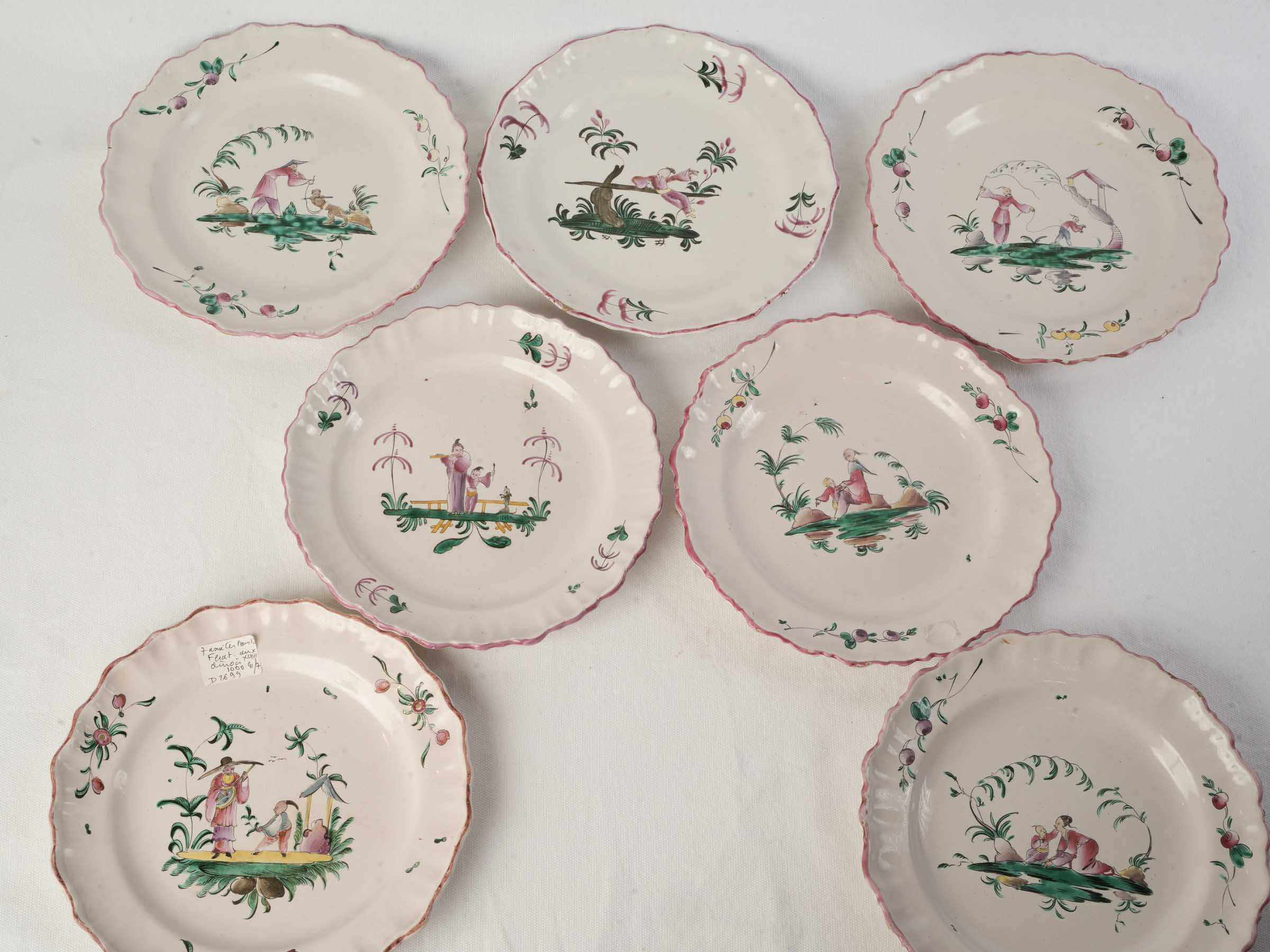 Set of Seven 18th Century Moustiers Faience Plates w/ Chinoiserie Decor - 9¾"