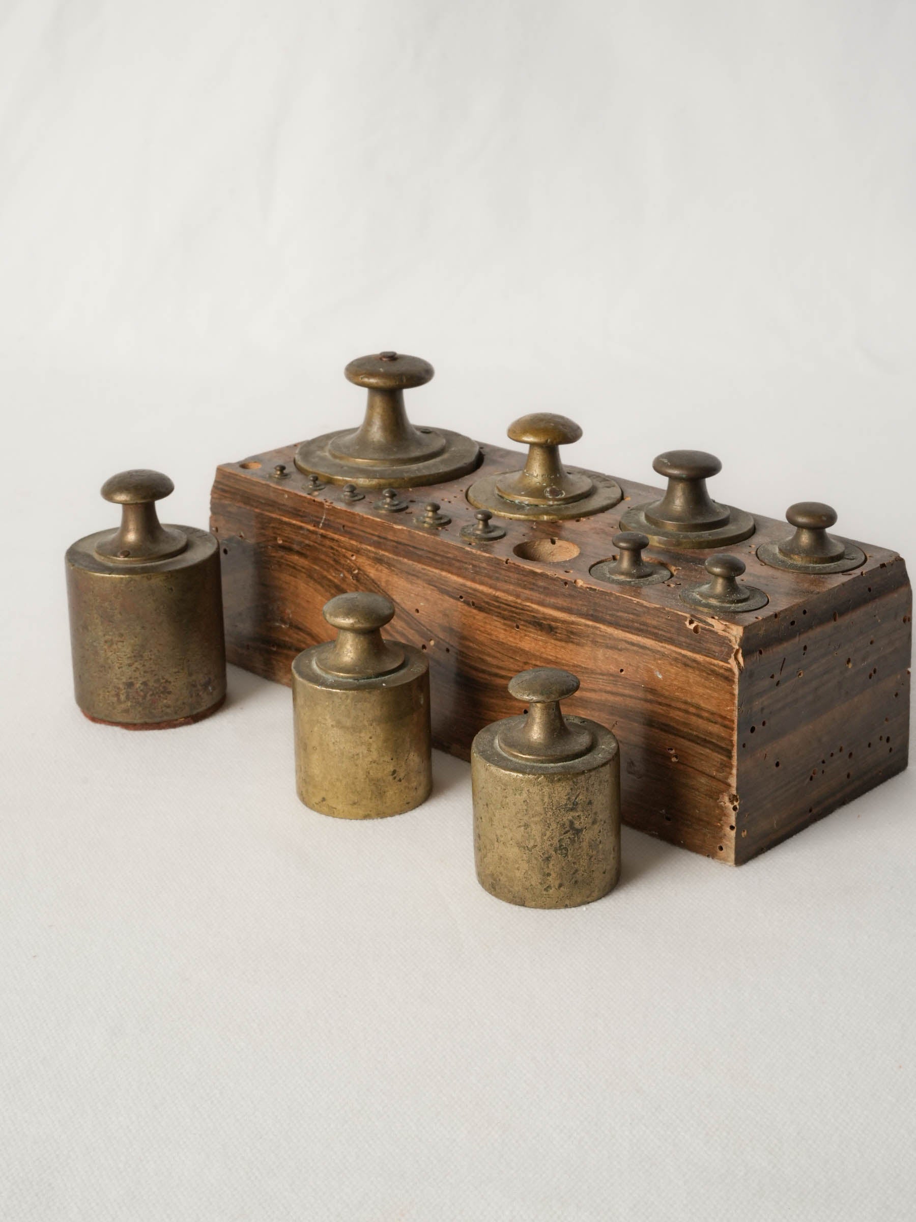 Antique French Brass Weights Set in Wooden Block