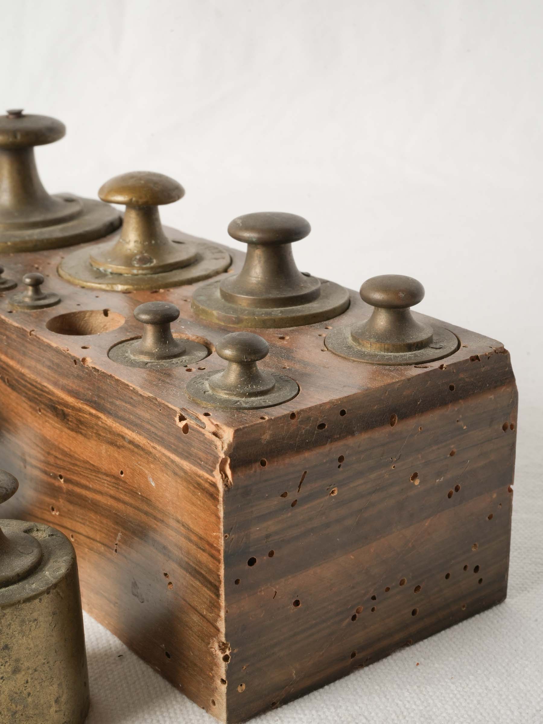 Antique French Brass Weights Set in Wooden Block