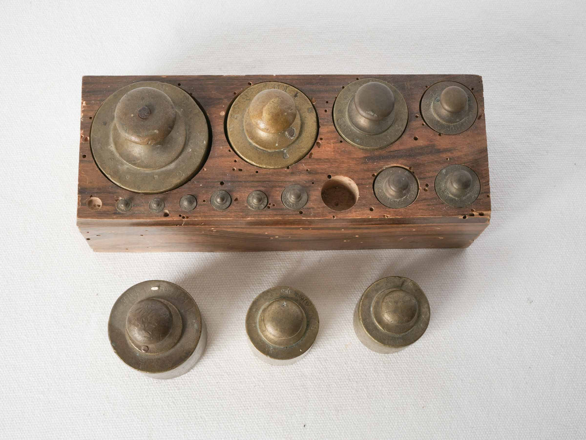 Antique French Brass Weights Set in Wooden Block