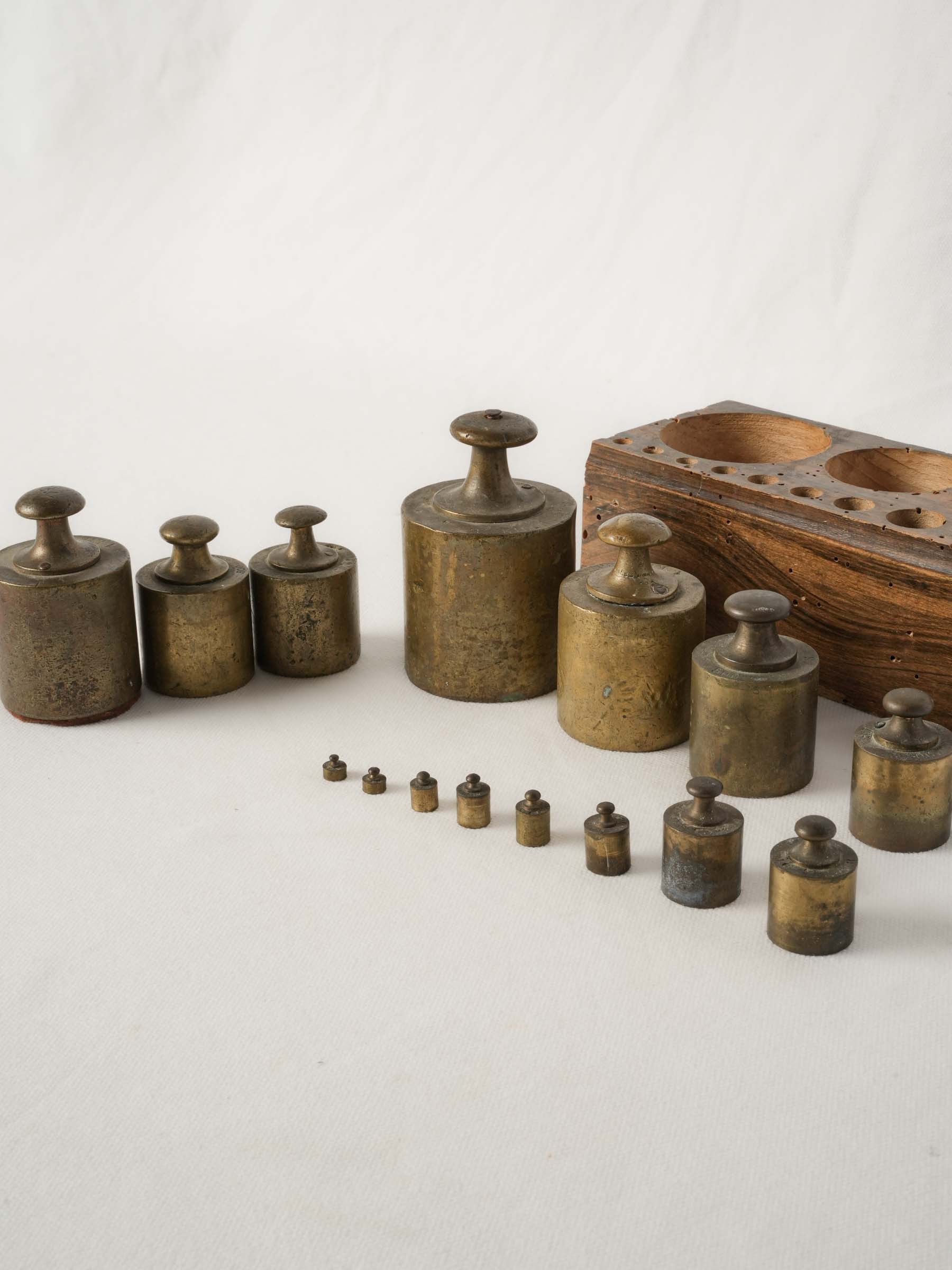 Antique French Brass Weights Set in Wooden Block