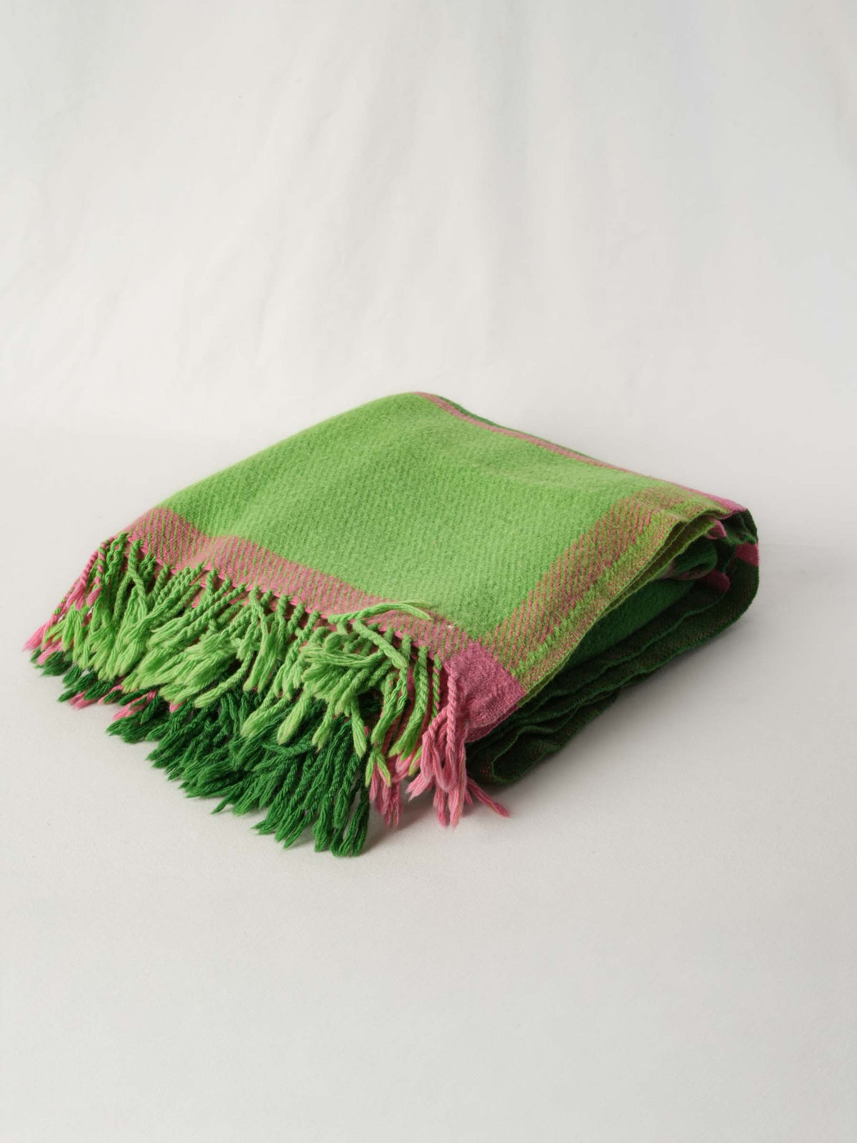 Pair of Vintage Swiss Wool Blankets Green Check and Heathered Gray