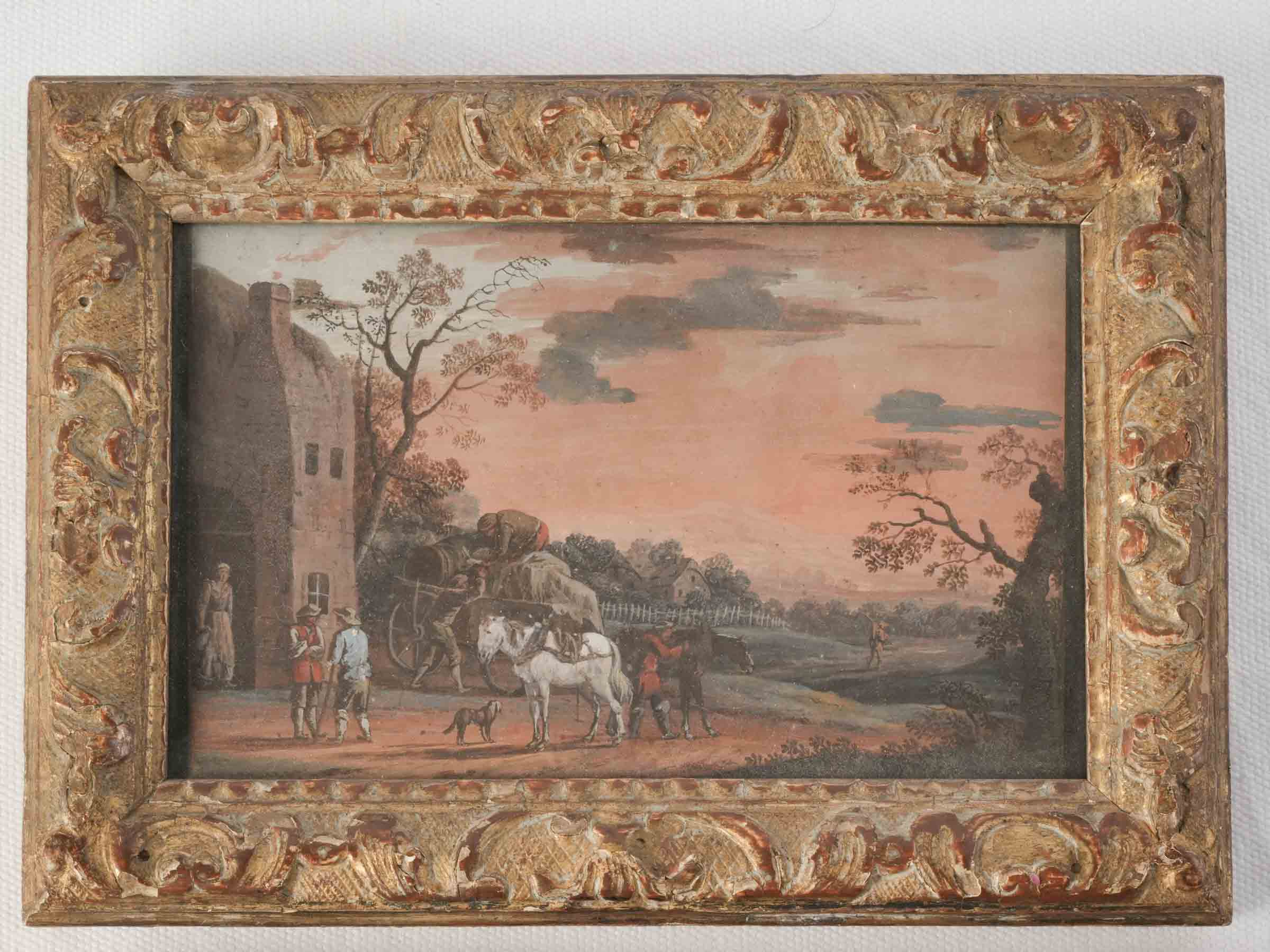 Pair of Atmospheric Petite Equestrian Gouaches in Giltwood Frames, 18th Century - 6¼" x 9"