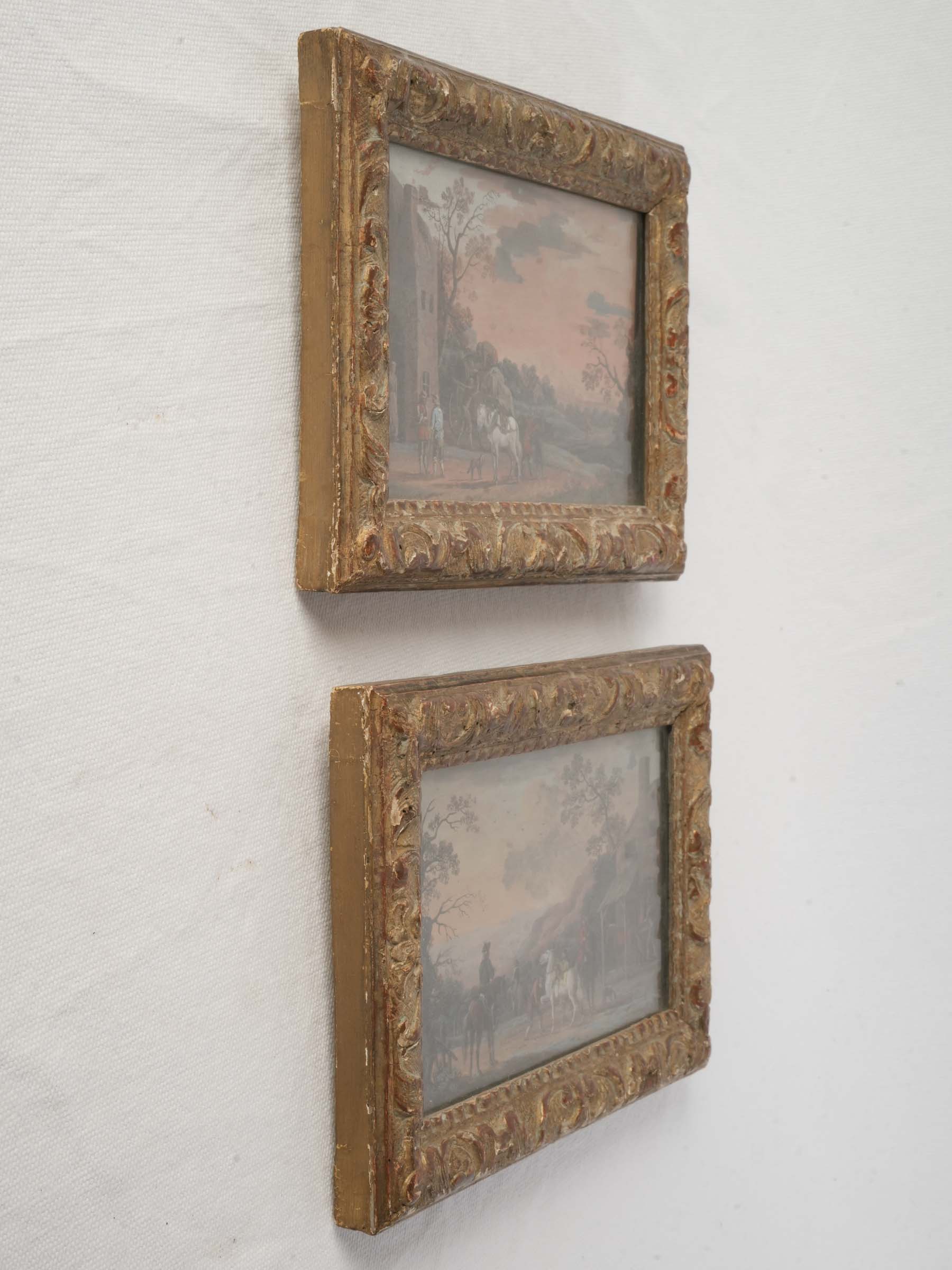 Pair of Atmospheric Petite Equestrian Gouaches in Giltwood Frames, 18th Century - 6¼" x 9"