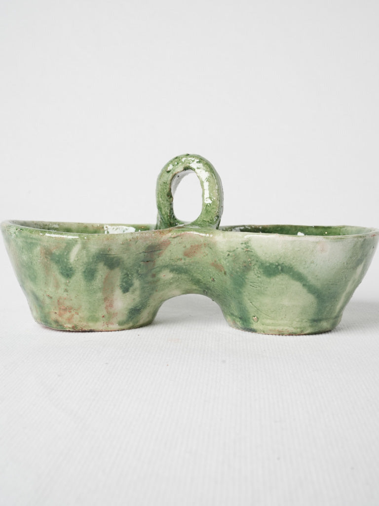 Rustic, green-glazed, condiment server set