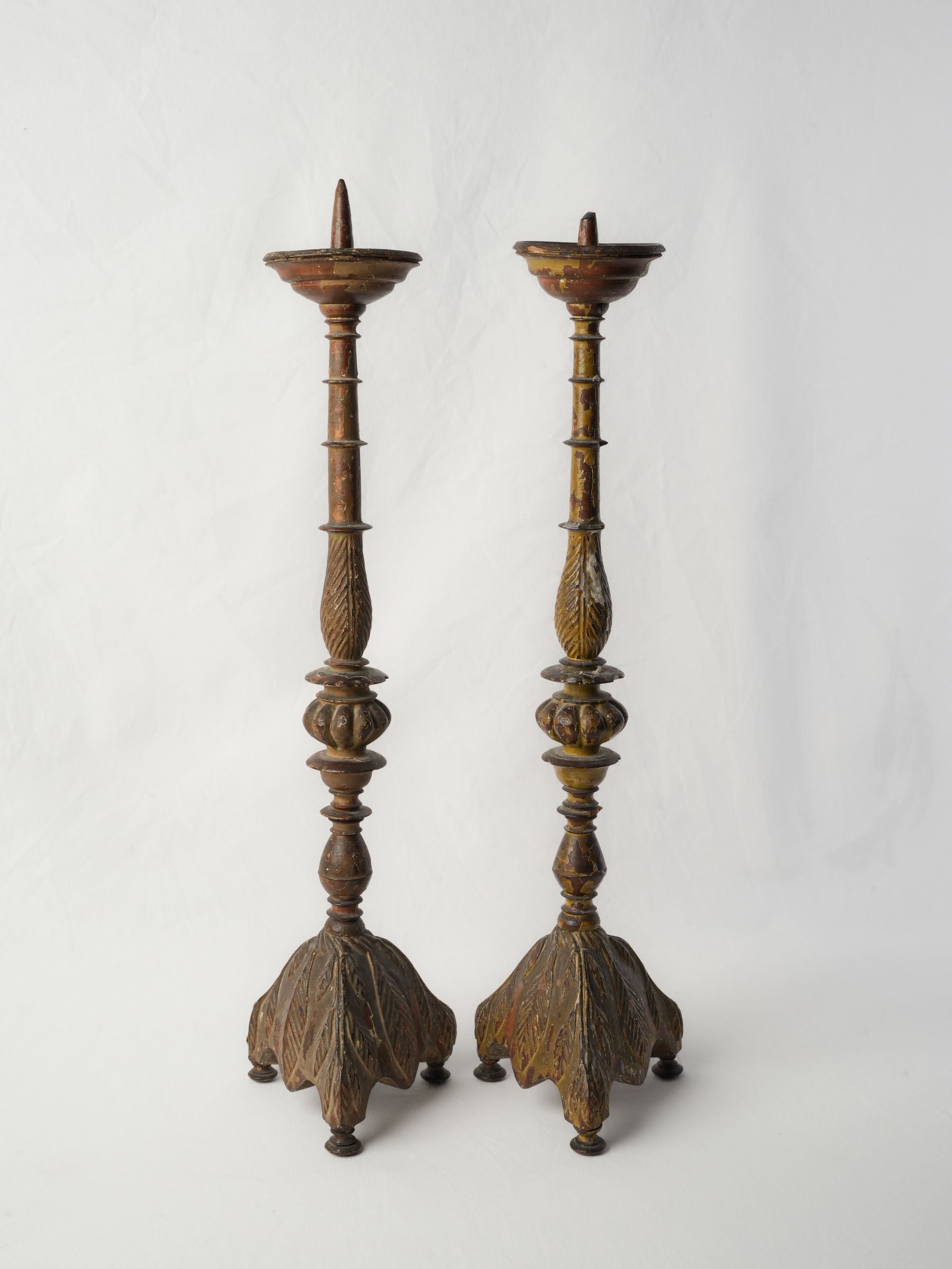 Pair of Tall Antique Painted Wood Pricket Candlesticks - 27¼"
