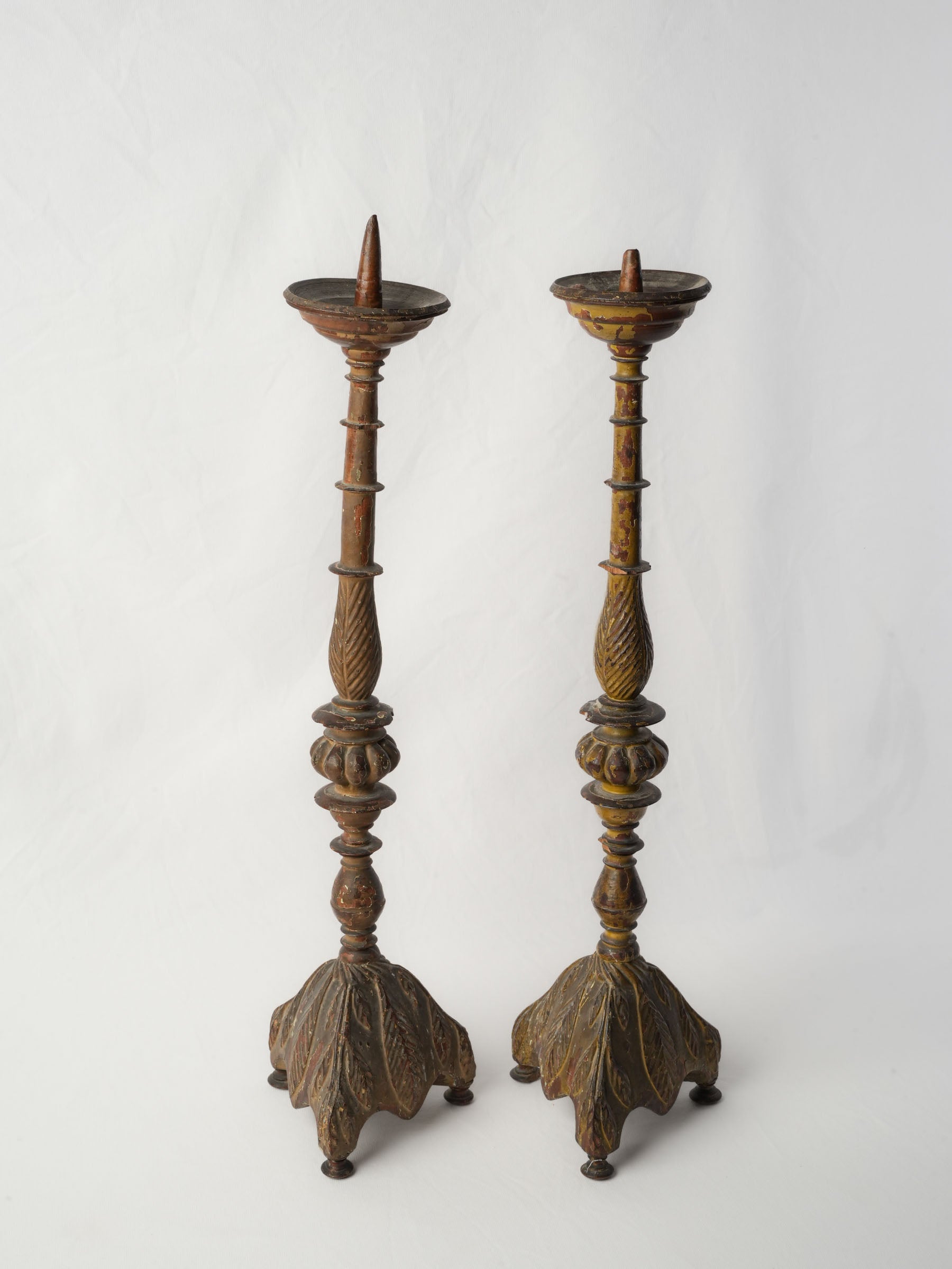 Pair of Tall Antique Painted Wood Pricket Candlesticks - 27¼"