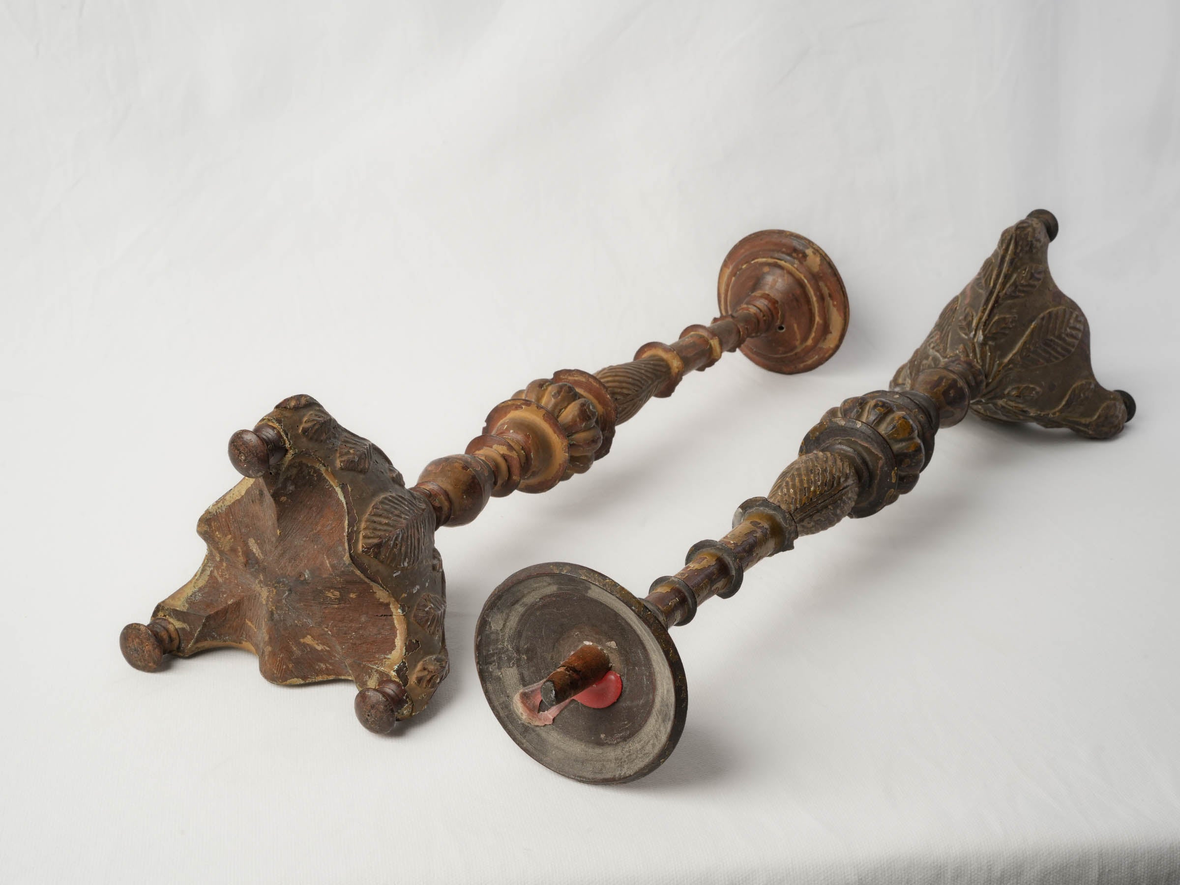 Pair of Tall Antique Painted Wood Pricket Candlesticks - 27¼"