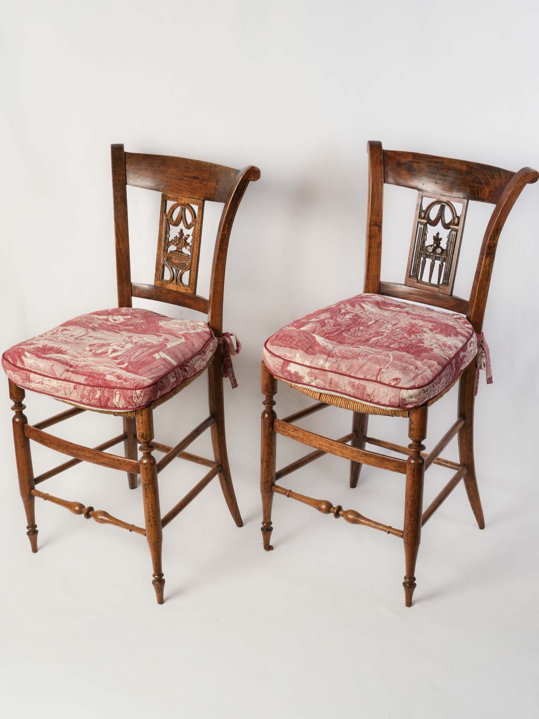 Pair of Provençal Directoire Rush-Seated Chairs w/ Antique Toile Cushions - 34¾" x 16¼"