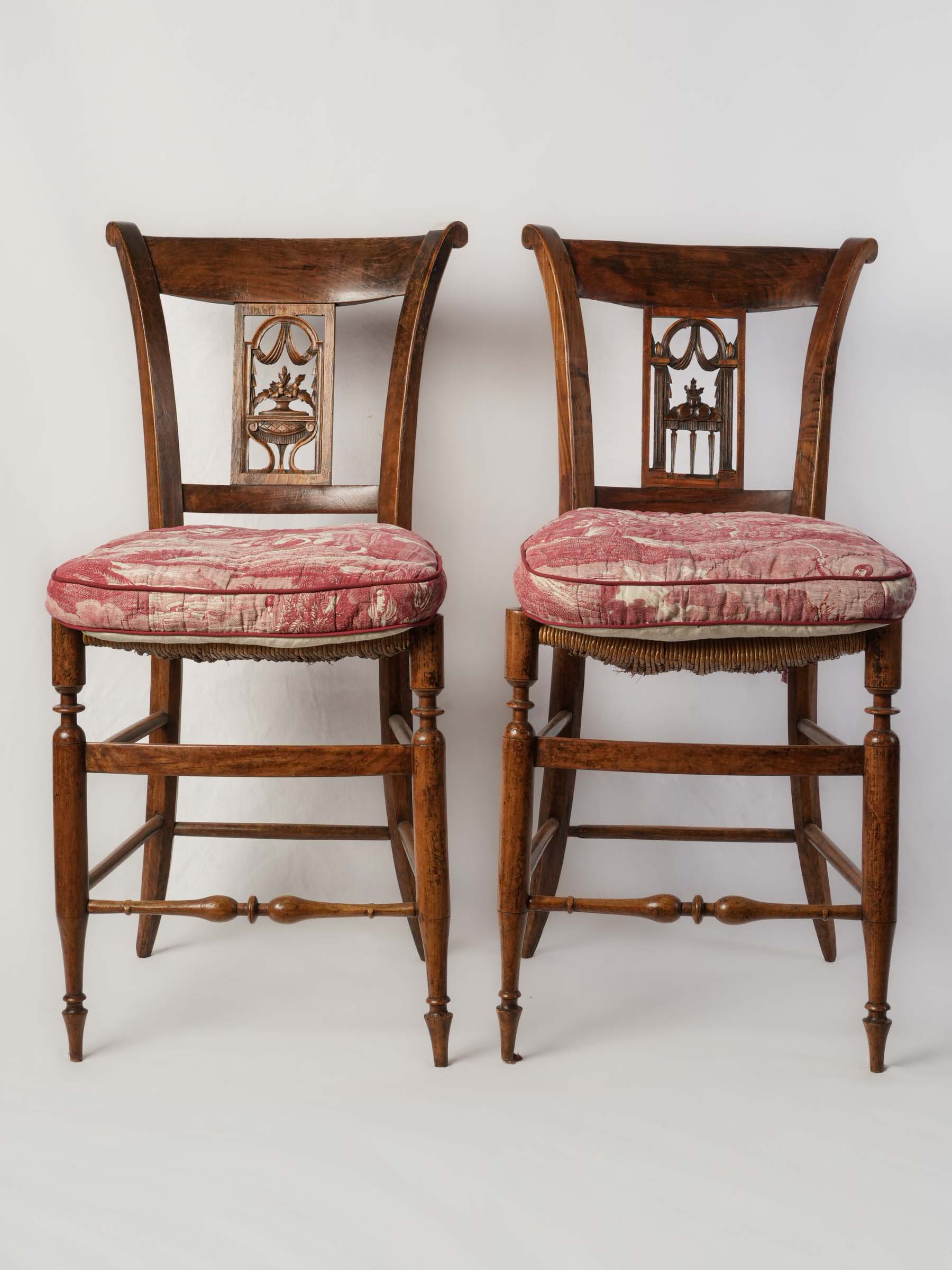 Pair of Provençal Directoire Rush-Seated Chairs w/ Antique Toile Cushions - 34¾" x 16¼"