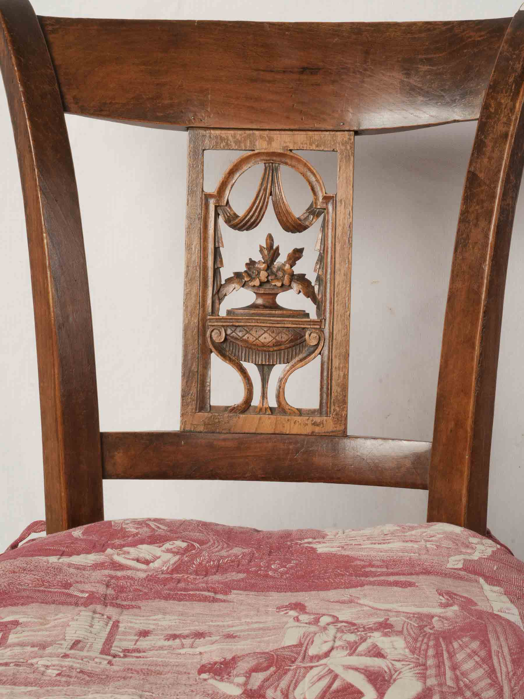 Pair of Provençal Directoire Rush-Seated Chairs w/ Antique Toile Cushions - 34¾" x 16¼"