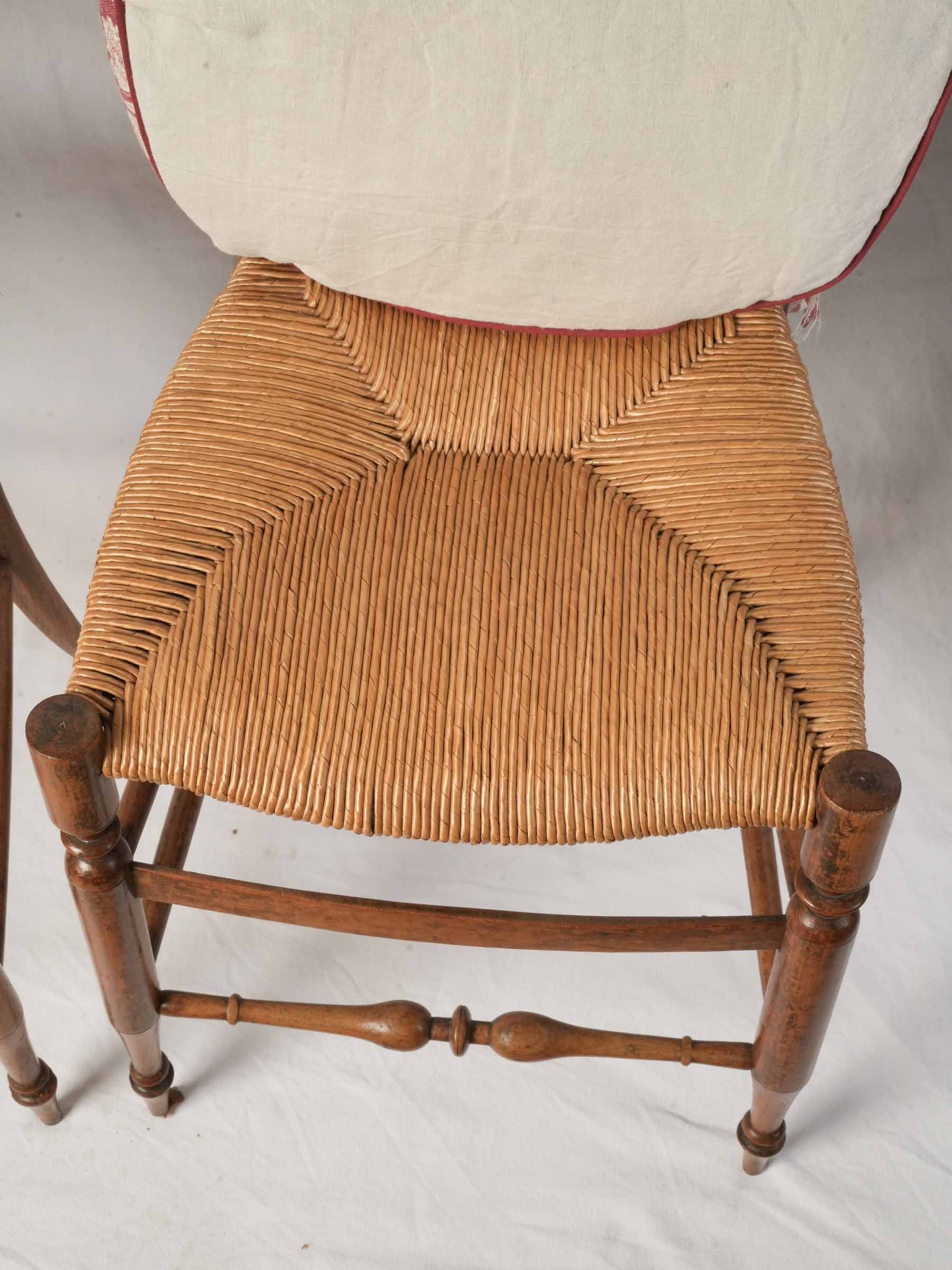 Pair of Provençal Directoire Rush-Seated Chairs w/ Antique Toile Cushions - 34¾" x 16¼"