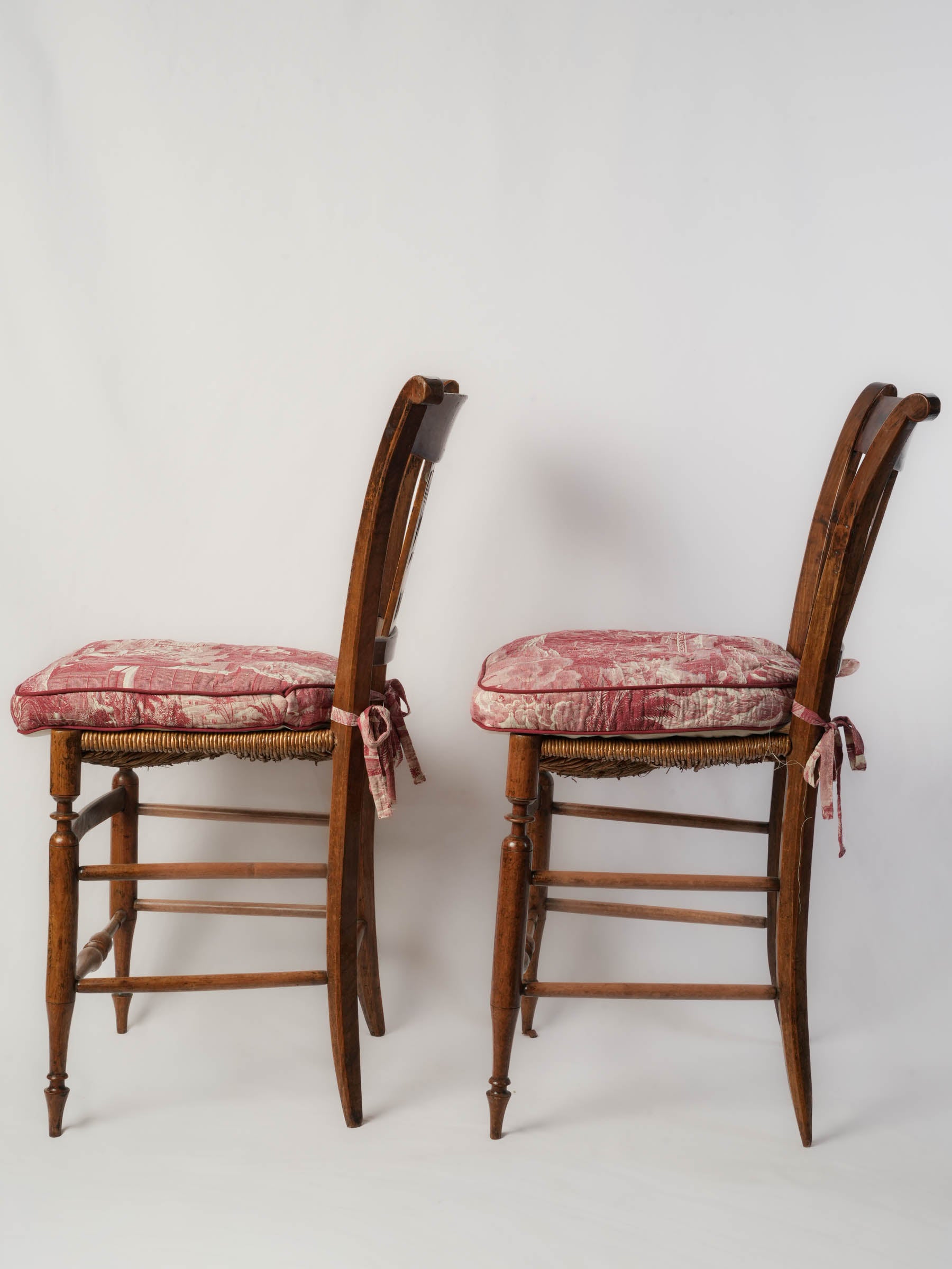 Pair of Provençal Directoire Rush-Seated Chairs w/ Antique Toile Cushions - 34¾" x 16¼"