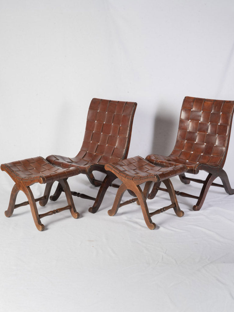 Hand-woven cognac leather ottomans