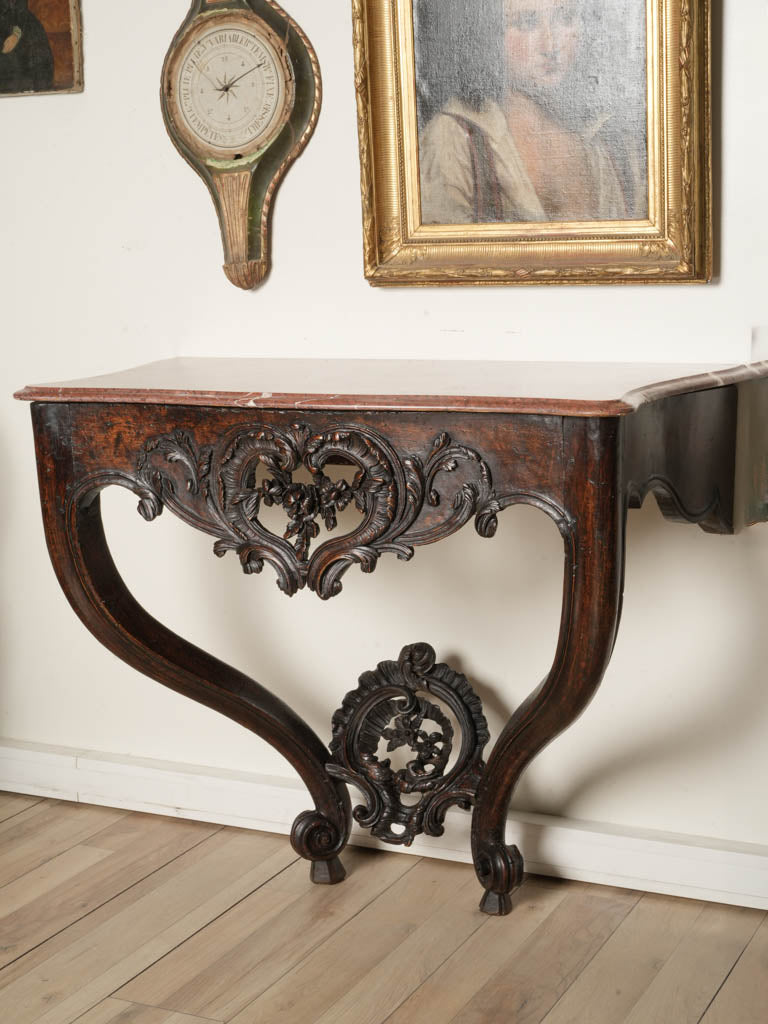 Beautiful French Louis XV Period Walnut Wall Console w/ Red Marbletop - 33" x 40½"