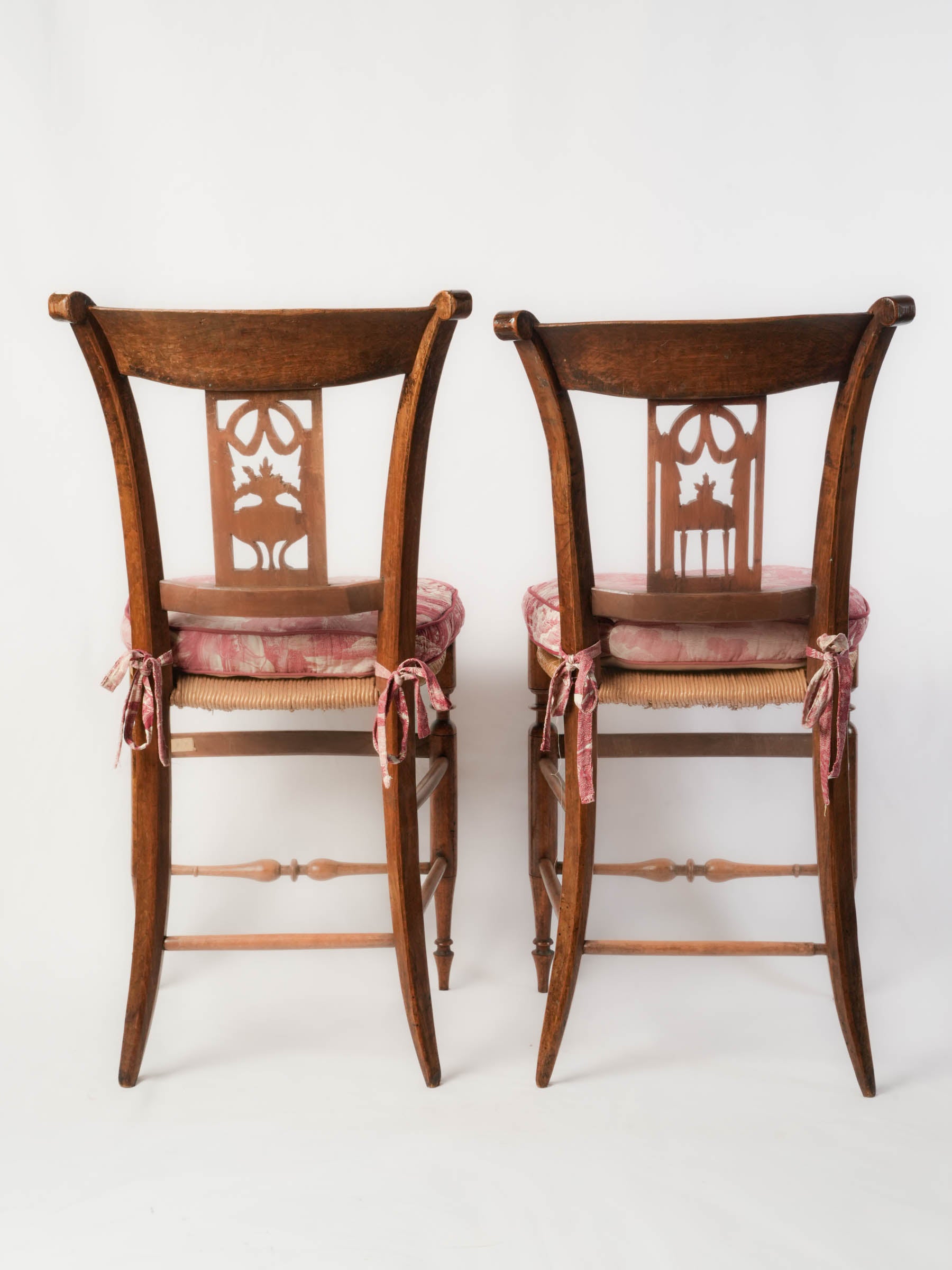 Pair of Provençal Directoire Rush-Seated Chairs w/ Antique Toile Cushions - 34¾" x 16¼"