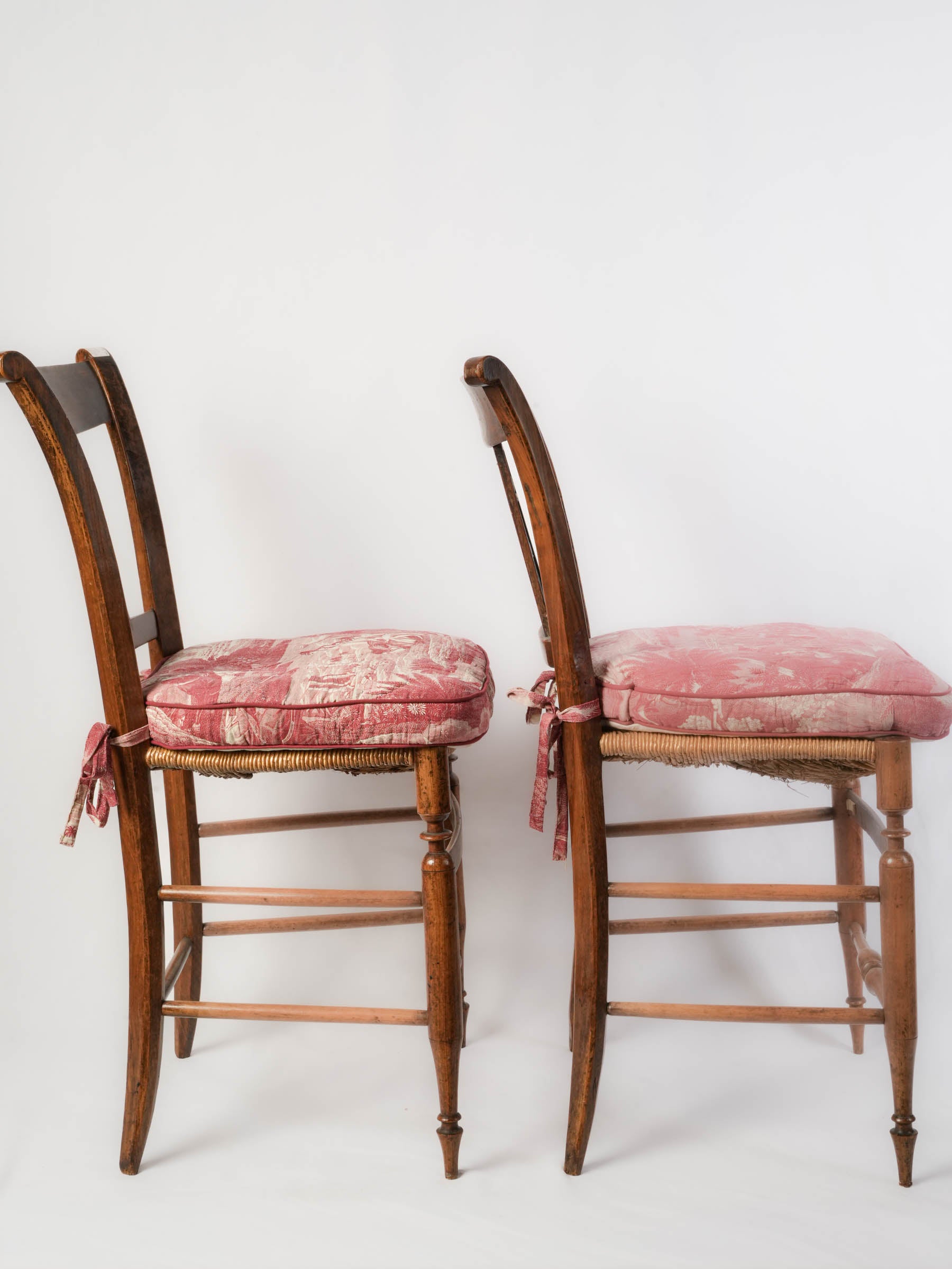 Pair of Provençal Directoire Rush-Seated Chairs w/ Antique Toile Cushions - 34¾" x 16¼"