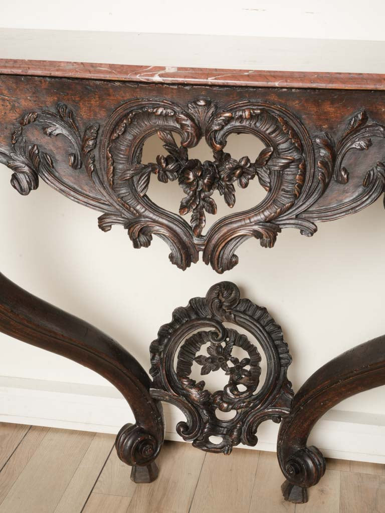 Beautiful French Louis XV Period Walnut Wall Console w/ Red Marbletop - 33" x 40½"