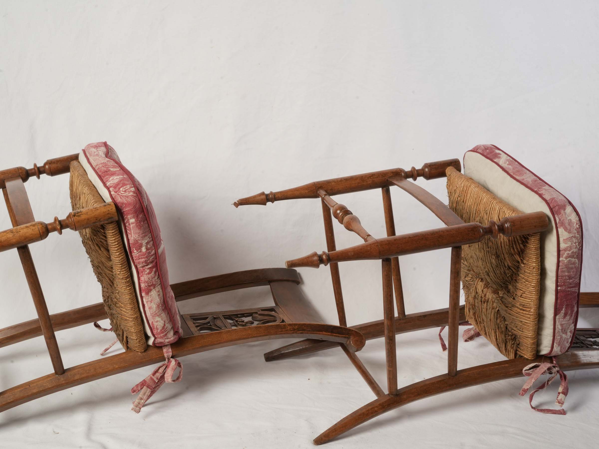 Pair of Provençal Directoire Rush-Seated Chairs w/ Antique Toile Cushions - 34¾" x 16¼"