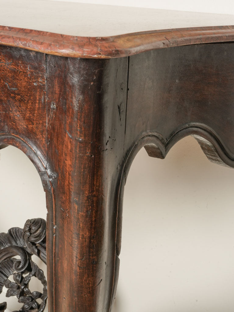 Beautiful French Louis XV Period Walnut Wall Console w/ Red Marbletop - 33" x 40½"