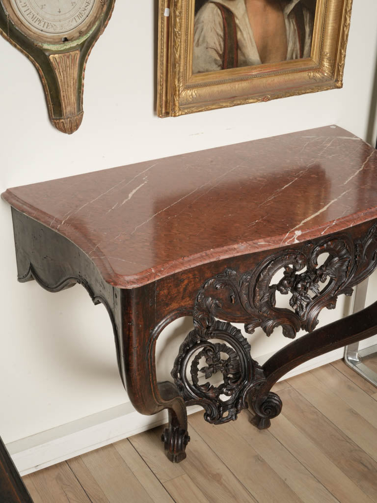 Beautiful French Louis XV Period Walnut Wall Console w/ Red Marbletop - 33" x 40½"