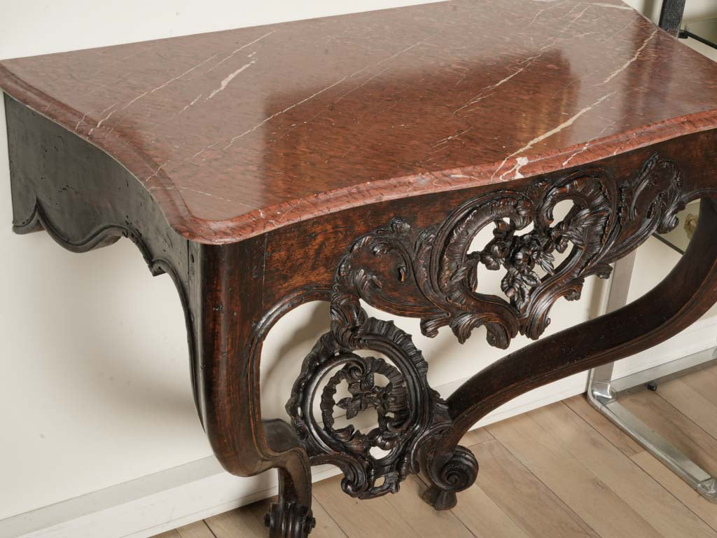 Beautiful French Louis XV Period Walnut Wall Console w/ Red Marbletop - 33" x 40½"