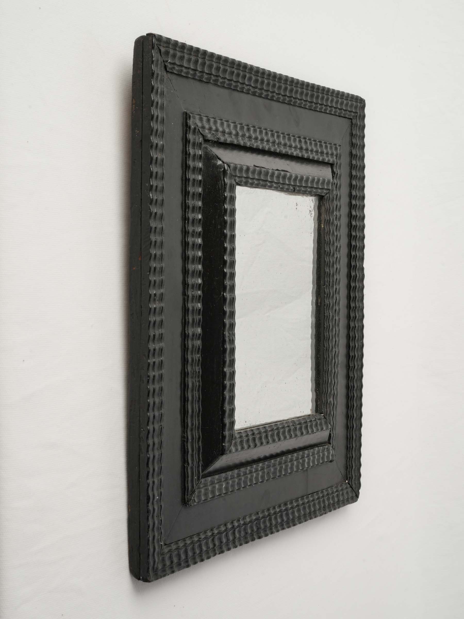 Small French Ebonized Guilloché Mirror w/ Foxed Mercury Glass, 17th Century - 17" x 15"