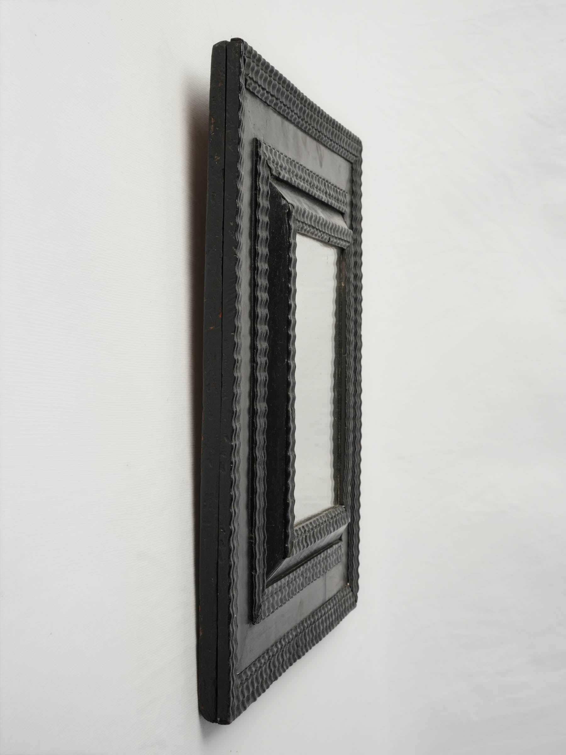 Small French Ebonized Guilloché Mirror w/ Foxed Mercury Glass, 17th Century - 17" x 15"