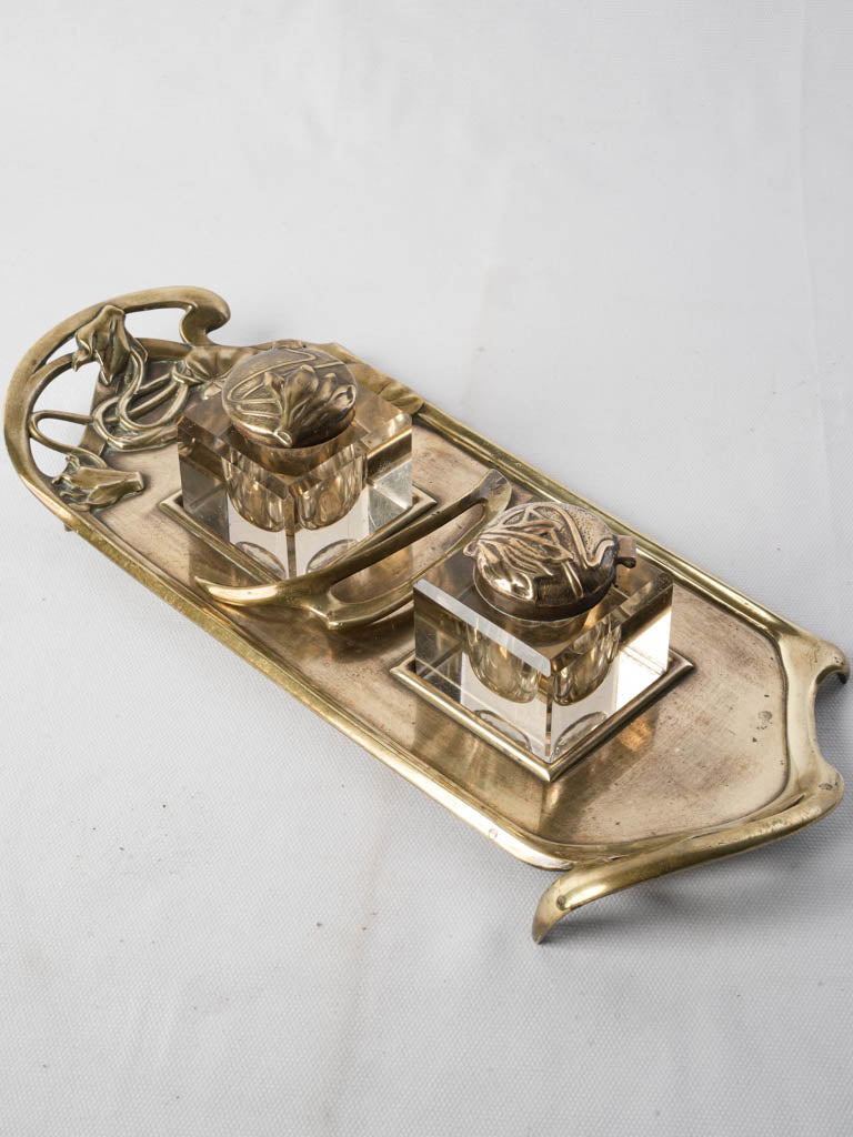 Elegant vintage brass glass inkwell set