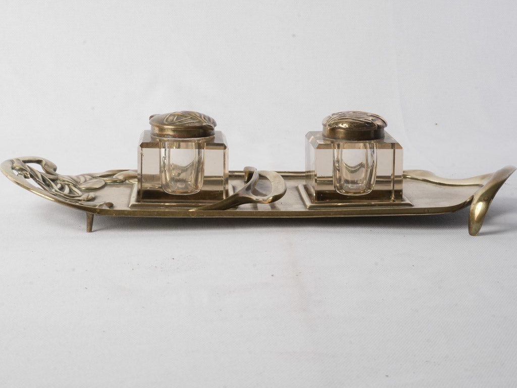 Exquisite antique brass and glass inkwell