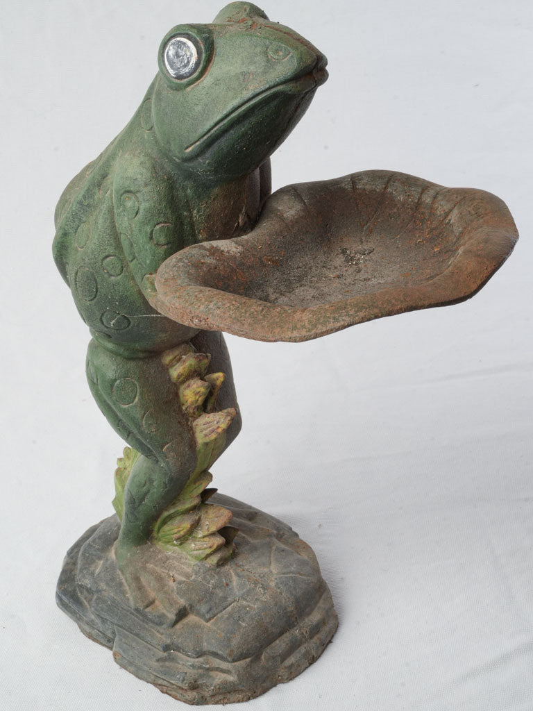Endearing French 1960s Painted Cast Iron Frog Présentoir W/ Lily Pad Tray - 18"