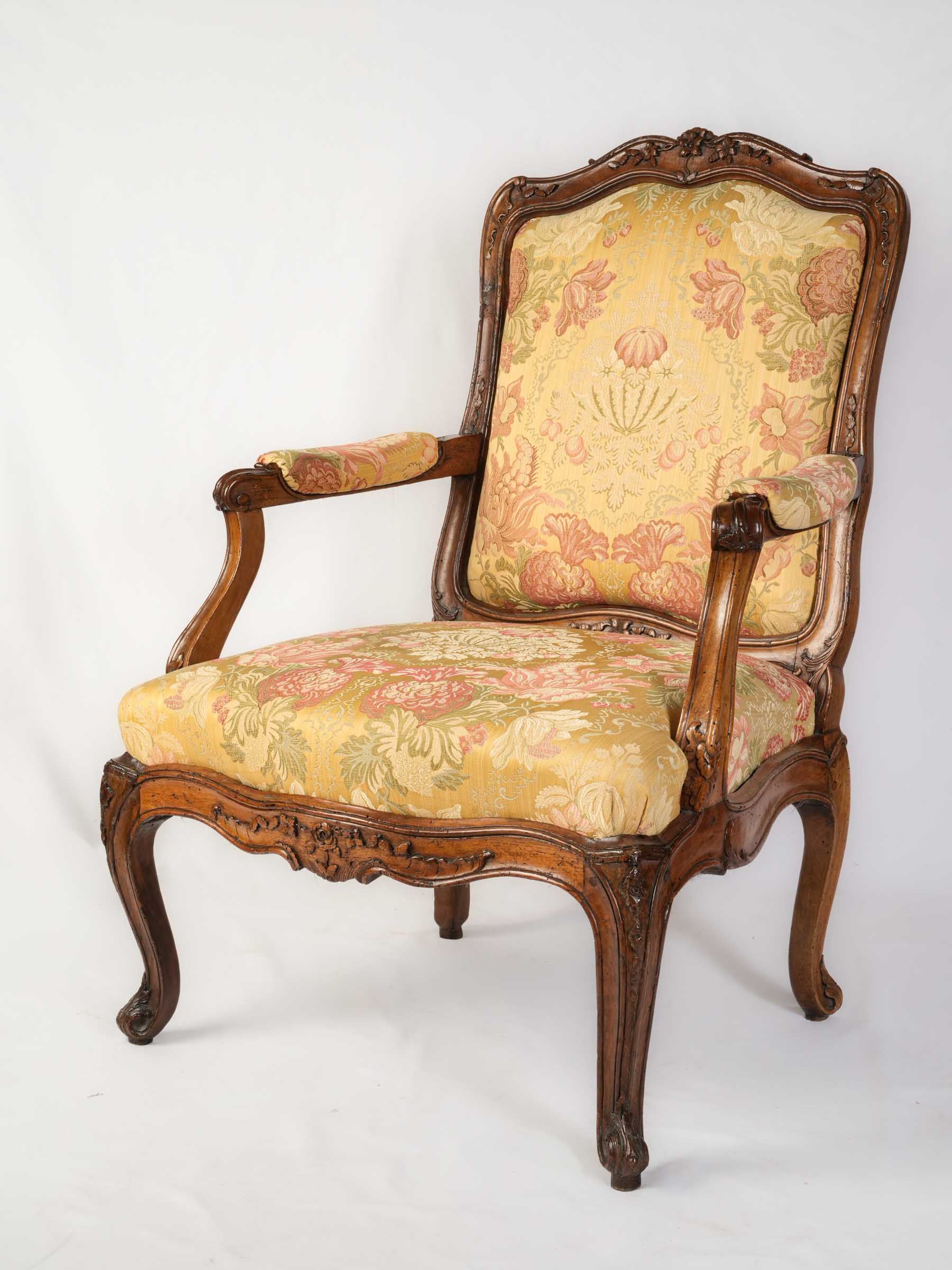 Louis XV Carved Walnut Armchair w/ Removable Upholstered Panels in a Beautiful Floral Damask - 41" x 28¼"