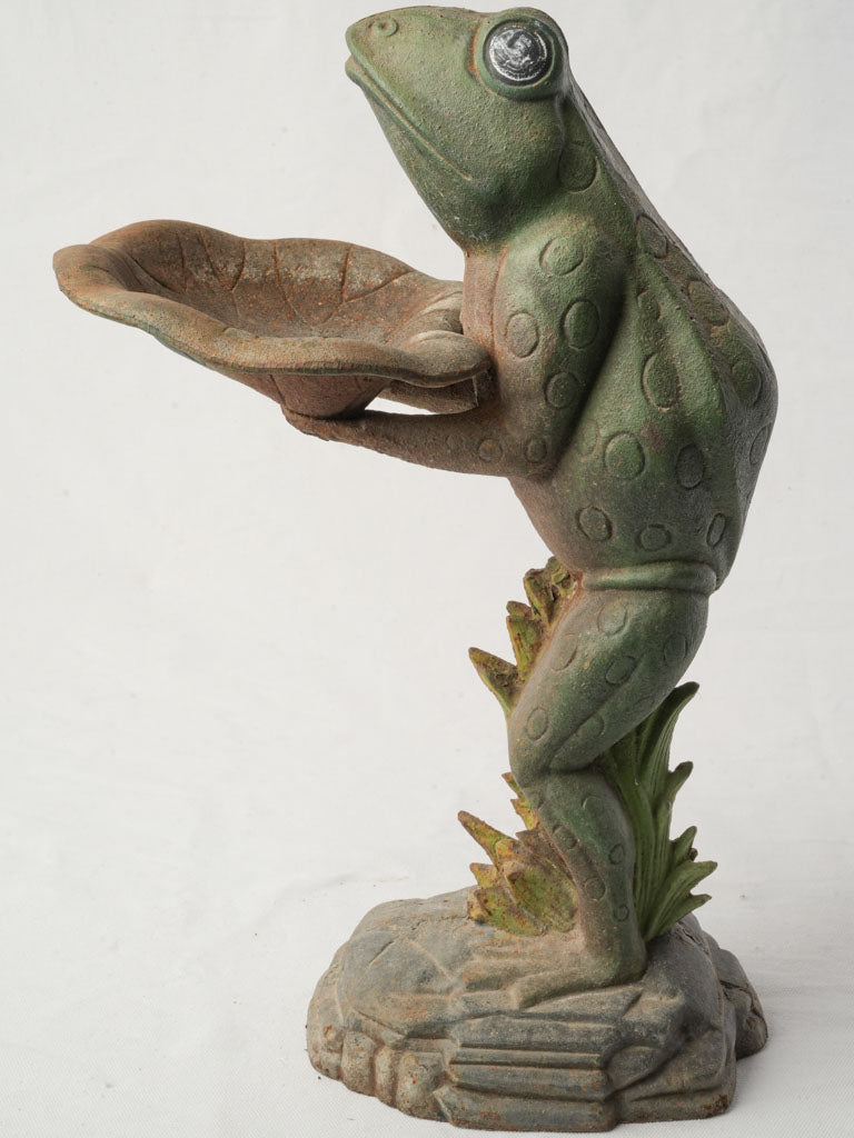 Endearing French 1960s Painted Cast Iron Frog Présentoir W/ Lily Pad Tray - 18"