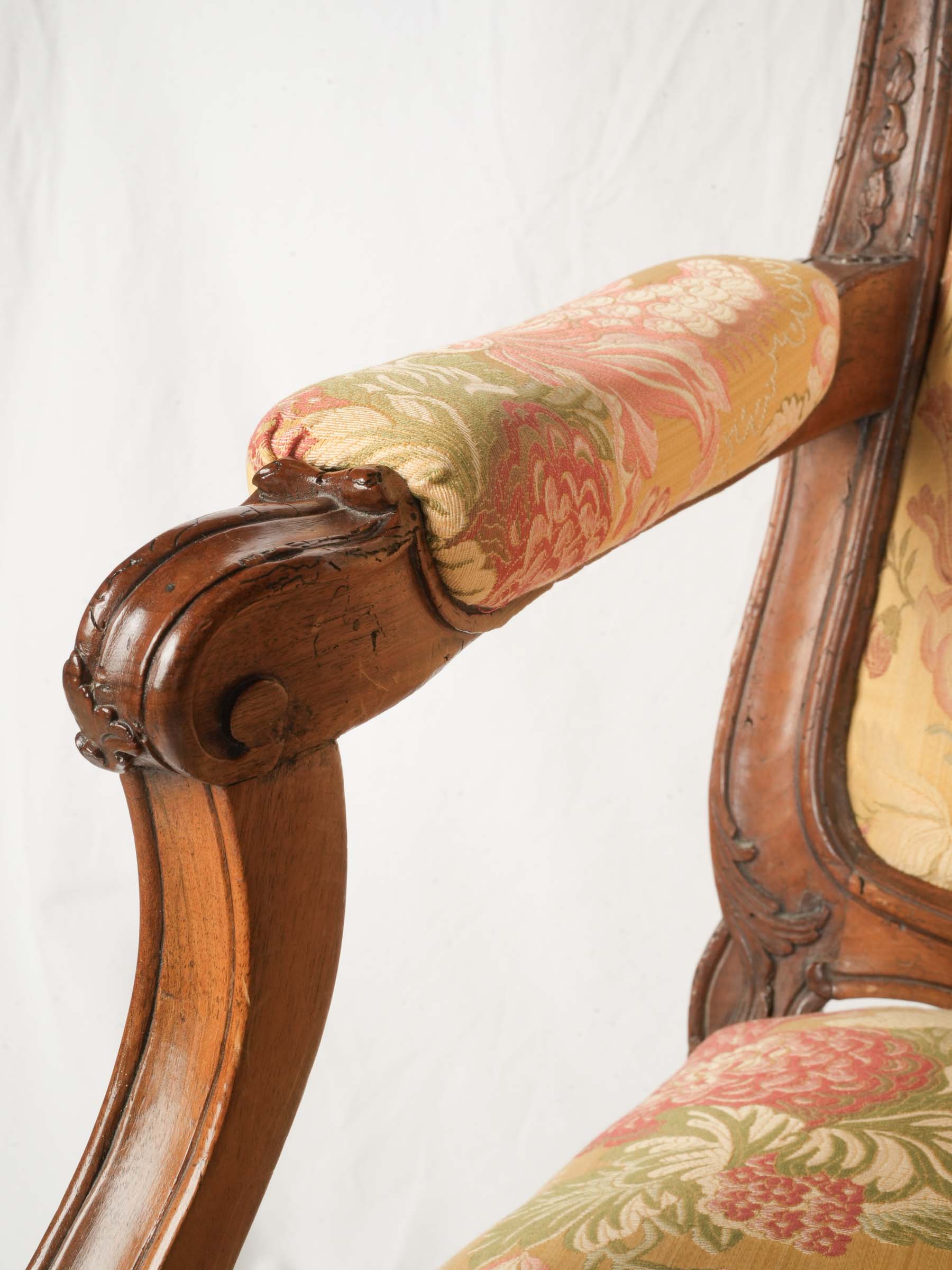 Louis XV Carved Walnut Armchair w/ Removable Upholstered Panels in a Beautiful Floral Damask - 41" x 28¼"