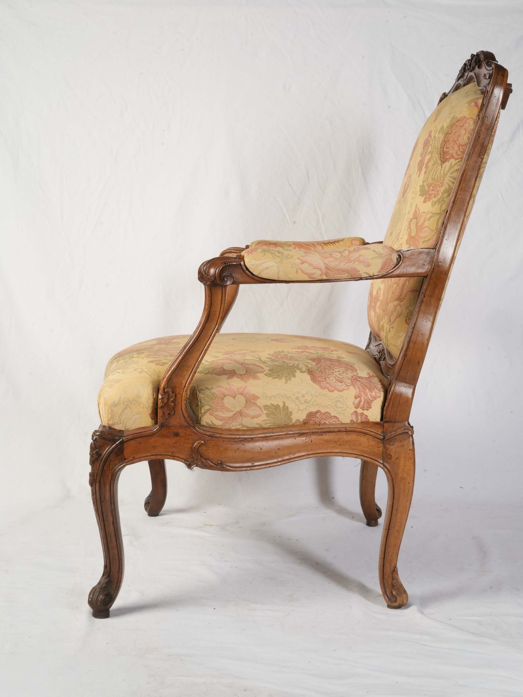 Louis XV Carved Walnut Armchair w/ Removable Upholstered Panels in a Beautiful Floral Damask - 41" x 28¼"