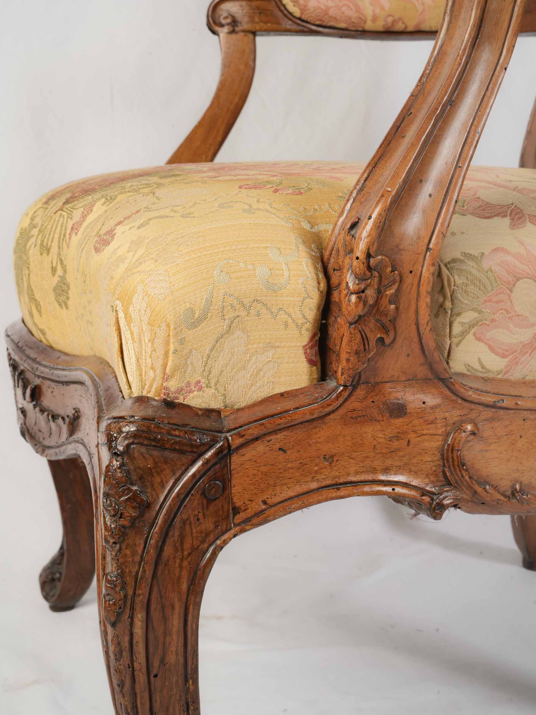 Louis XV Carved Walnut Armchair w/ Removable Upholstered Panels in a Beautiful Floral Damask - 41" x 28¼"