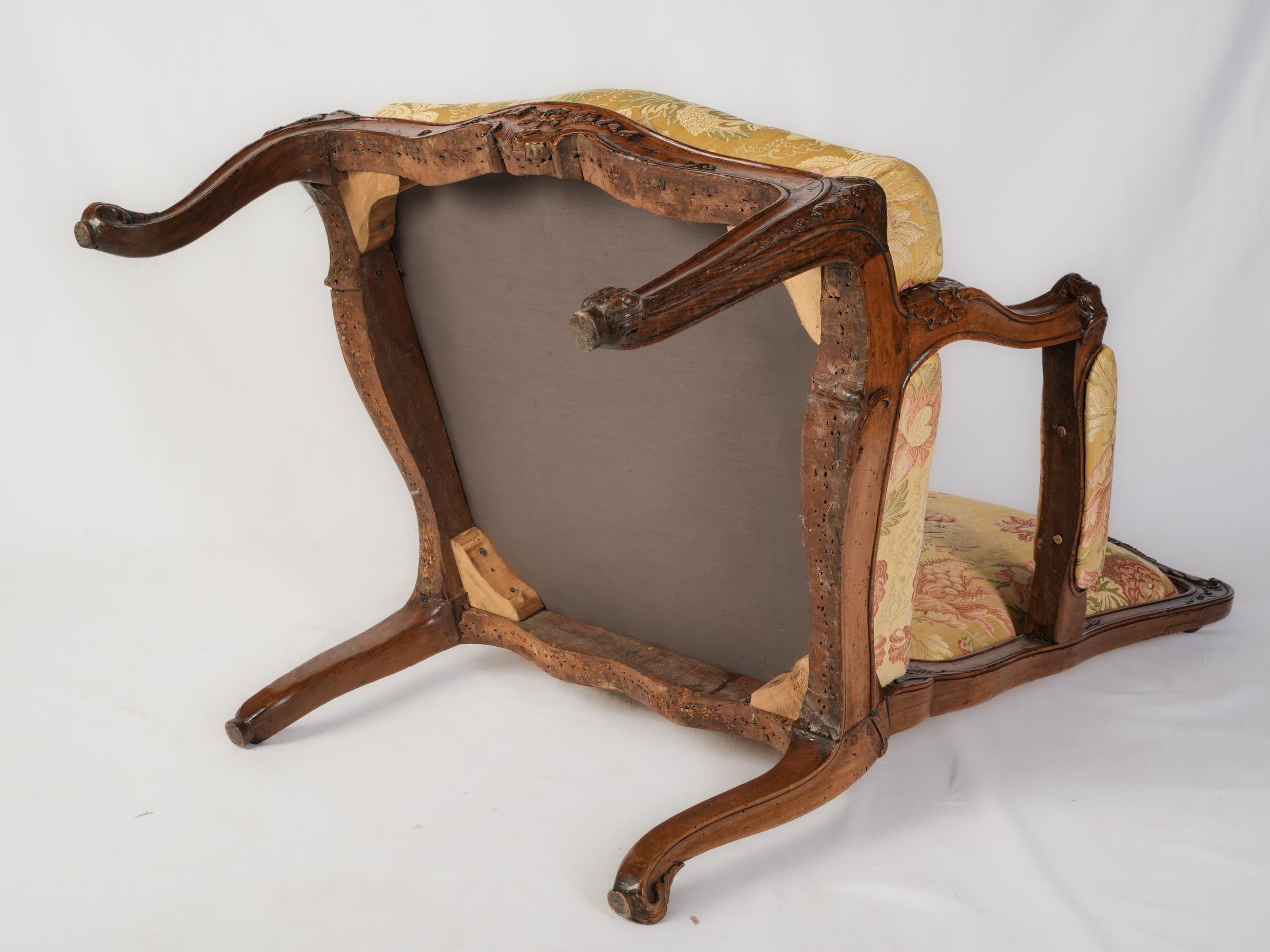 Louis XV Carved Walnut Armchair w/ Removable Upholstered Panels in a Beautiful Floral Damask - 41" x 28¼"