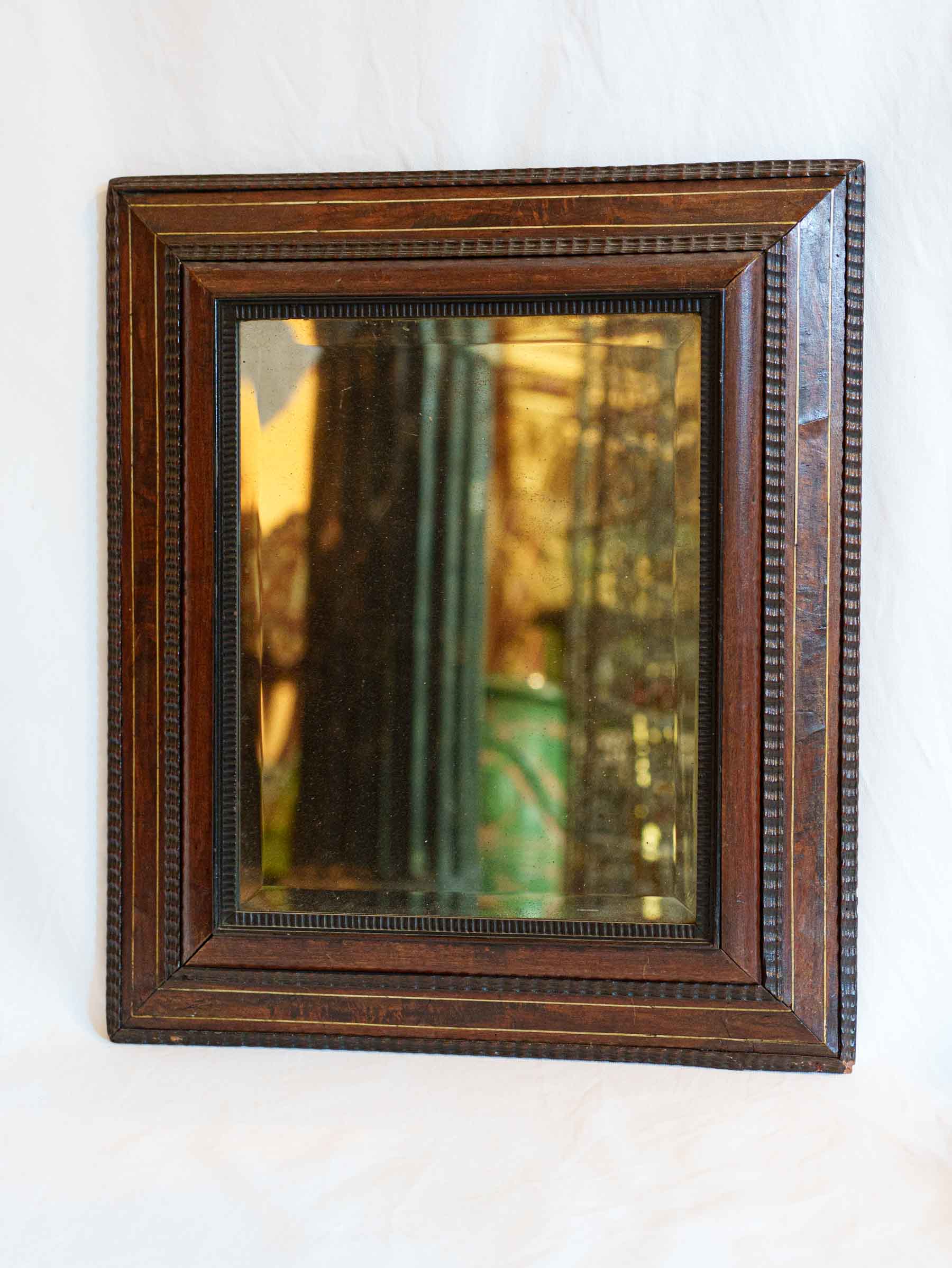 Antique Dutch Walnut and Ebonized Cushion-Frame Mirror w/ Mercury Glass - 24¾" x 21¼"