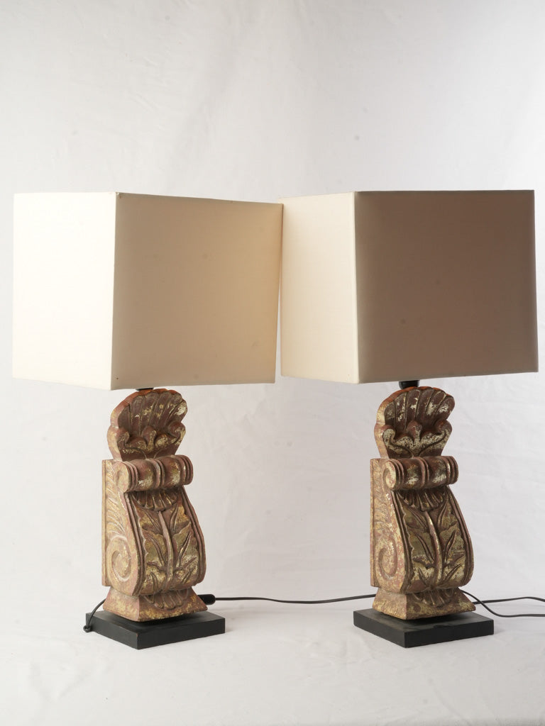 Pair of French Gilt Bosierie Table Lamps W/ Square Shades Circa 1970s - 28¾"
