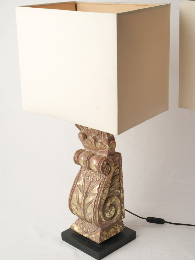 Pair of French Gilt Bosierie Table Lamps W/ Square Shades Circa 1970s - 28¾"
