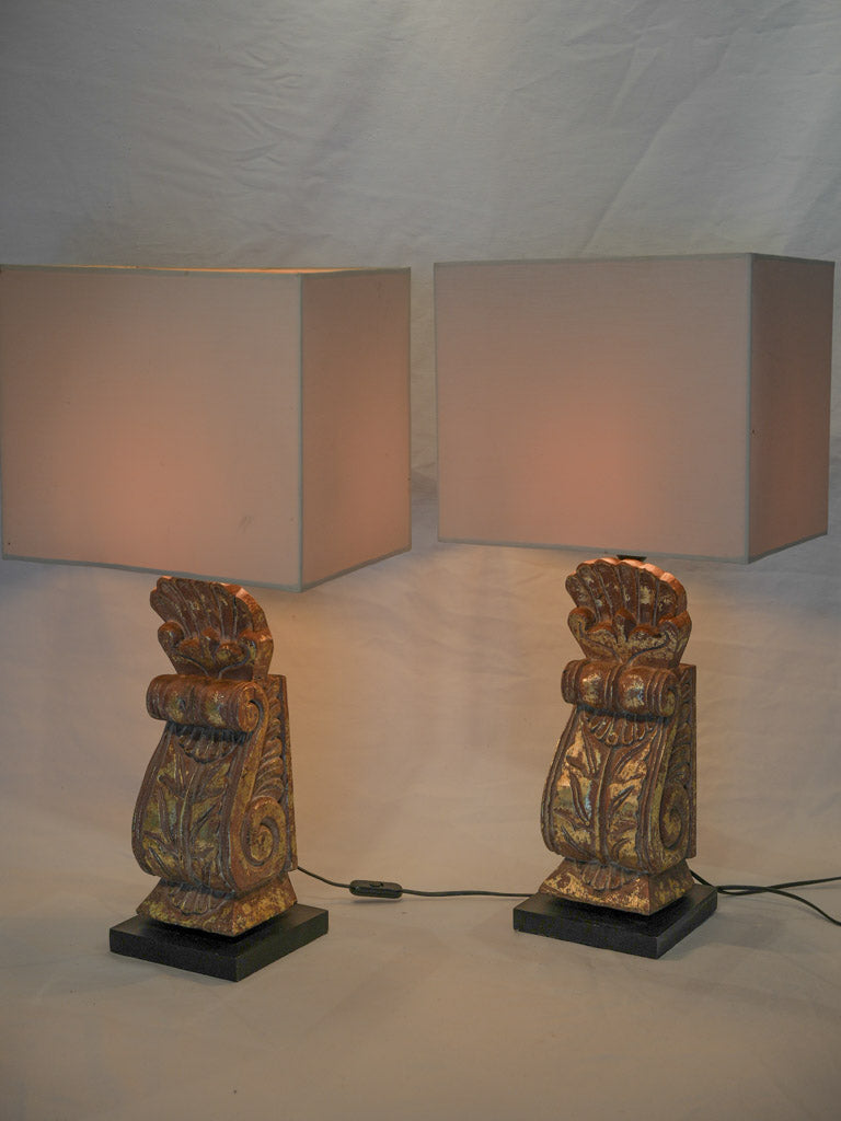 Pair of French Gilt Bosierie Table Lamps W/ Square Shades Circa 1970s - 28¾"