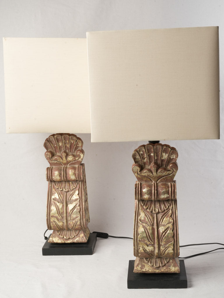 Pair of French Gilt Bosierie Table Lamps W/ Square Shades Circa 1970s - 28¾"